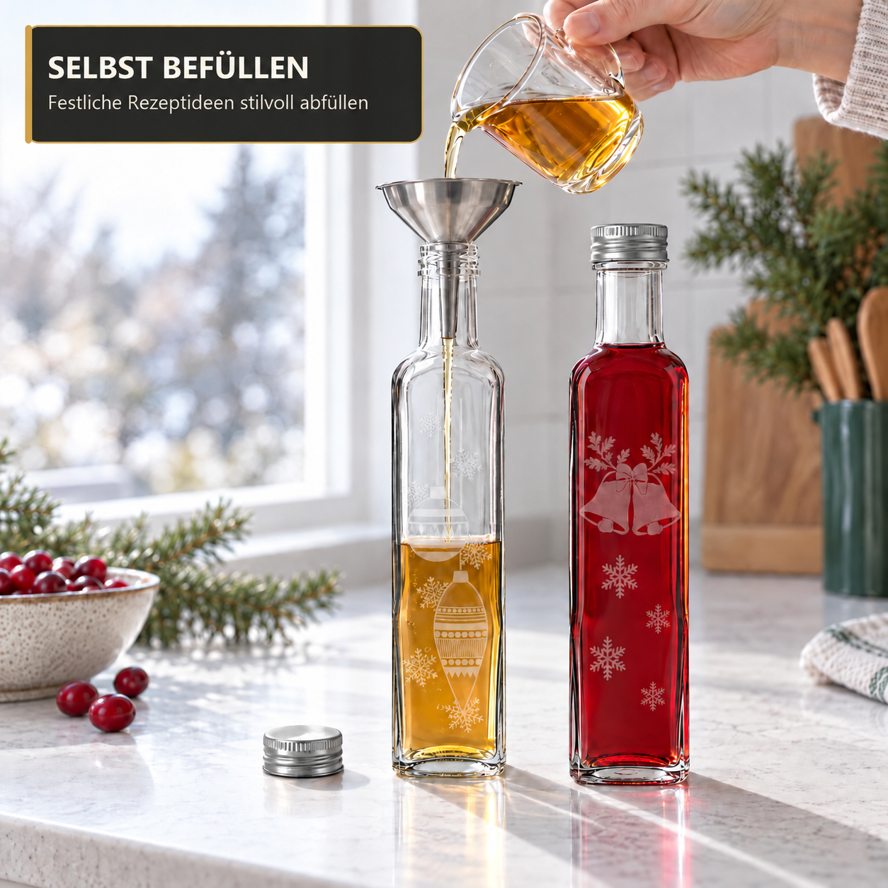 Maraska250 ml · Silber-Ausführung · Anwendungsbeispiel, leere Lieferung, Flaschenset, Öl-/Essigflasche, Wein-/Spirituosenflasche, Küchenzubehör, Weihnachtsdeko