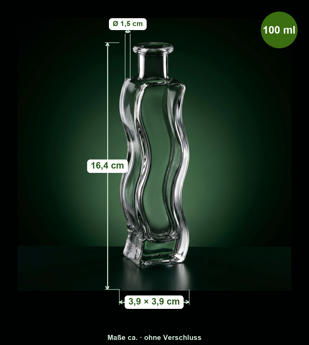 glasvase, dünner grün glas, würfelform, 120 ml?, wassersicher