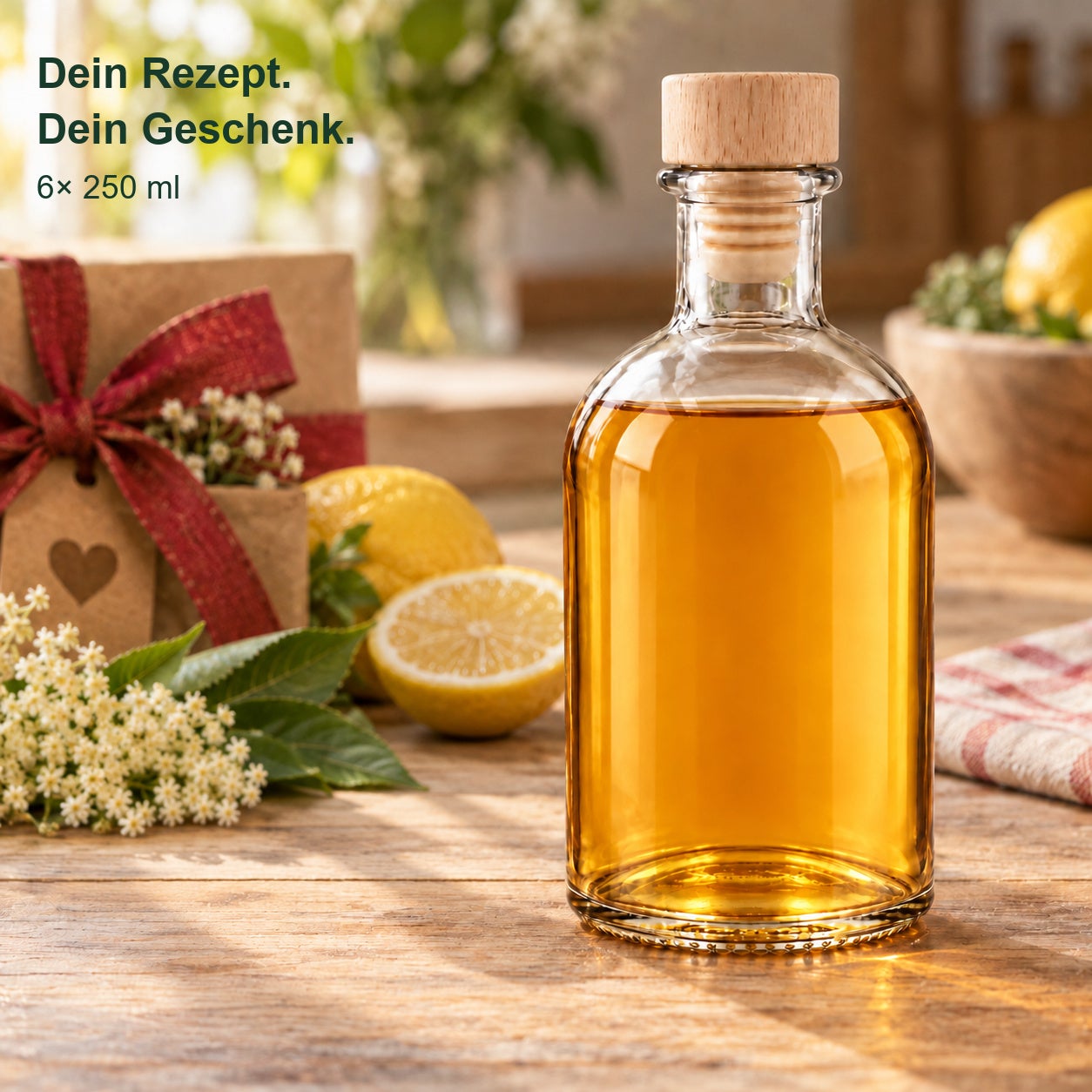 Apotheker 250 ml gefüllt als selbstgemachtes Geschenk in warmem Wohnambiente; 6er-Set mit gravierten Holzgriffkorken., Schnapsflasche, Kräuterlikör, Glasflasche, Holzstopfen, 750 ml