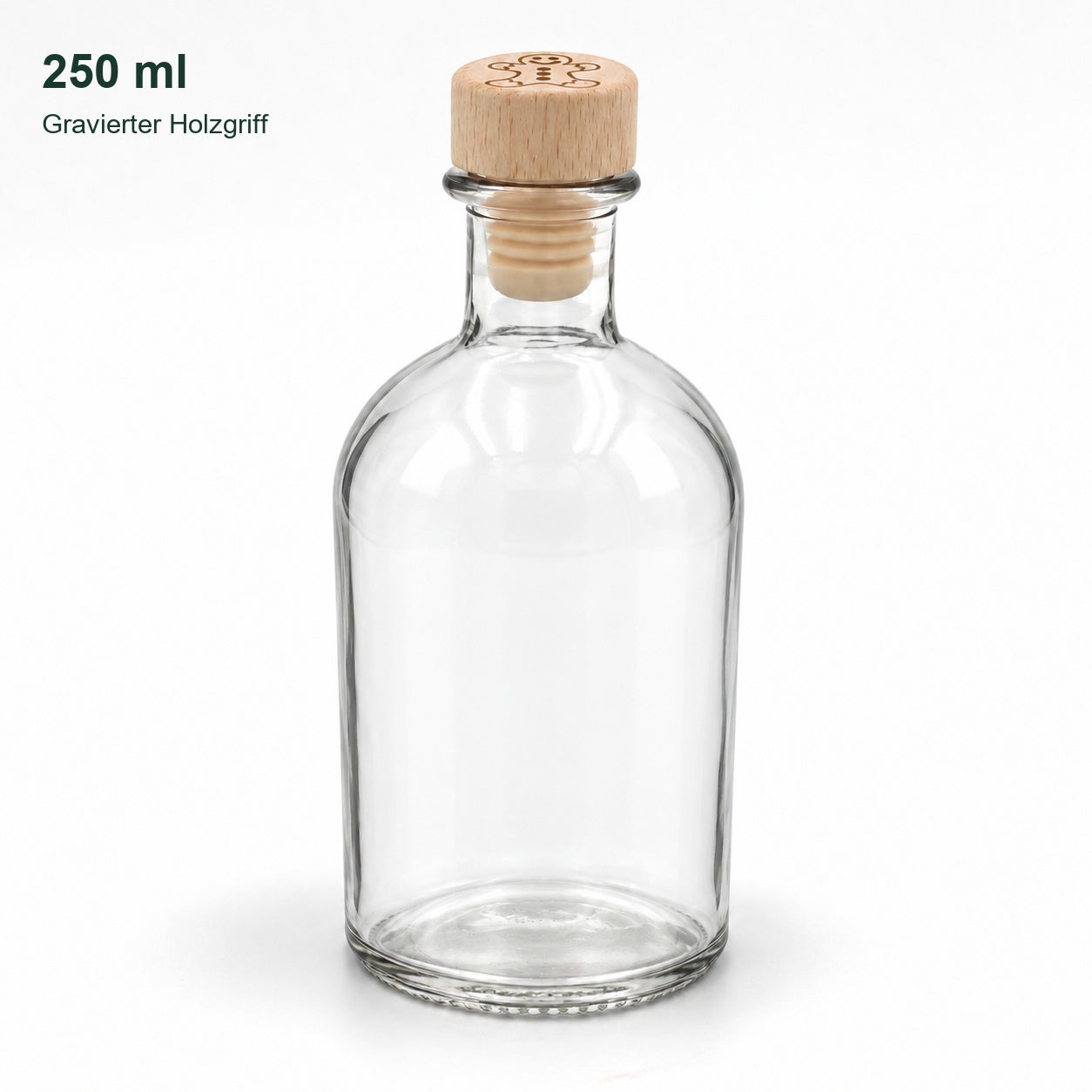 Leere Apotheker 250 ml-Flasche mit graviertem Holzgriffkorken: Form, Hals und klares Glas., glasflasche, gläserner deckel, holzgriff, 250 ml, gravierter verschluss