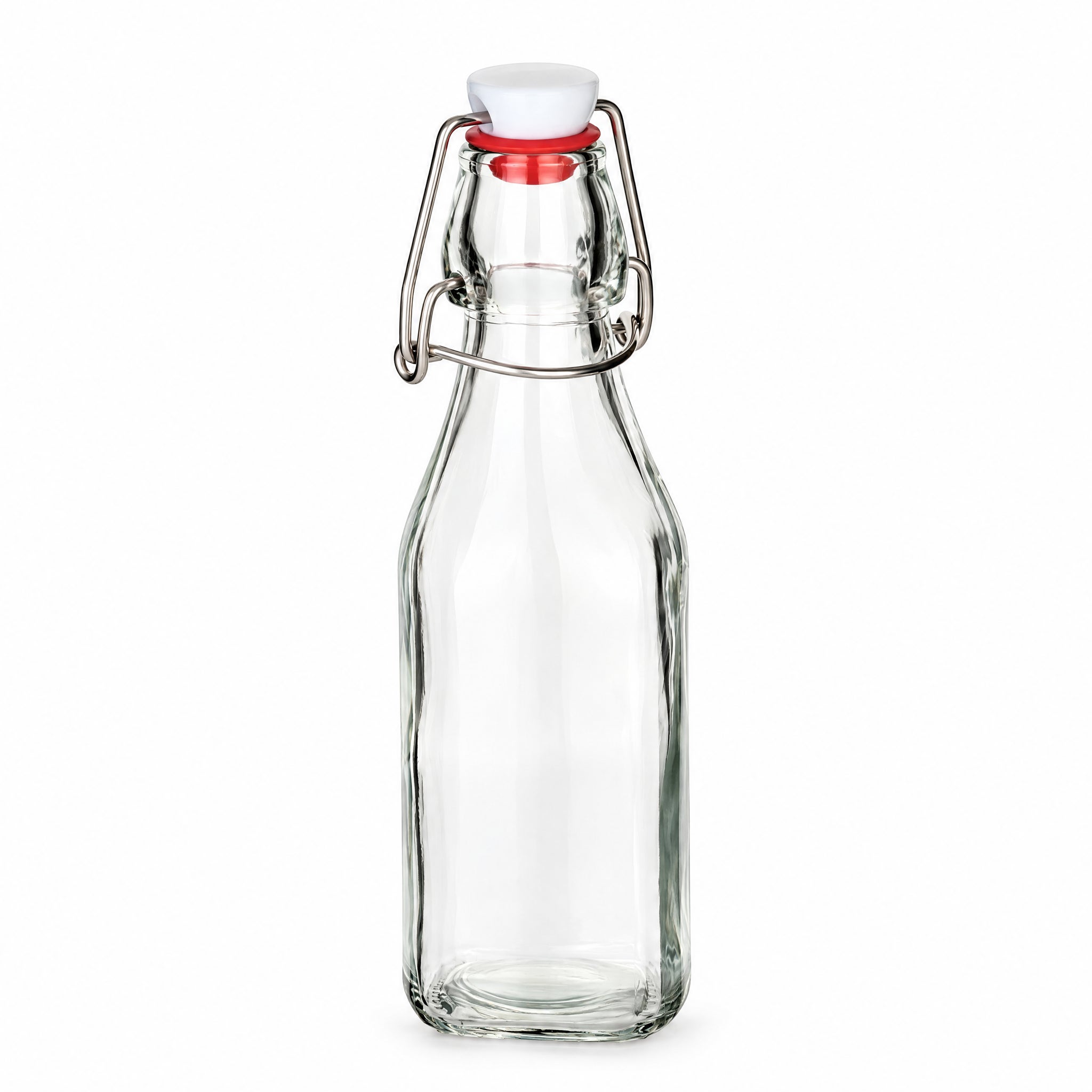 250 ml Bügelflasche eckig mit Bügelverschluss – leer auf weißem Hintergrund, Glasflasche, Bügelverschluss, Klarglas, Drahtbügel, Roter Dichtungsring
