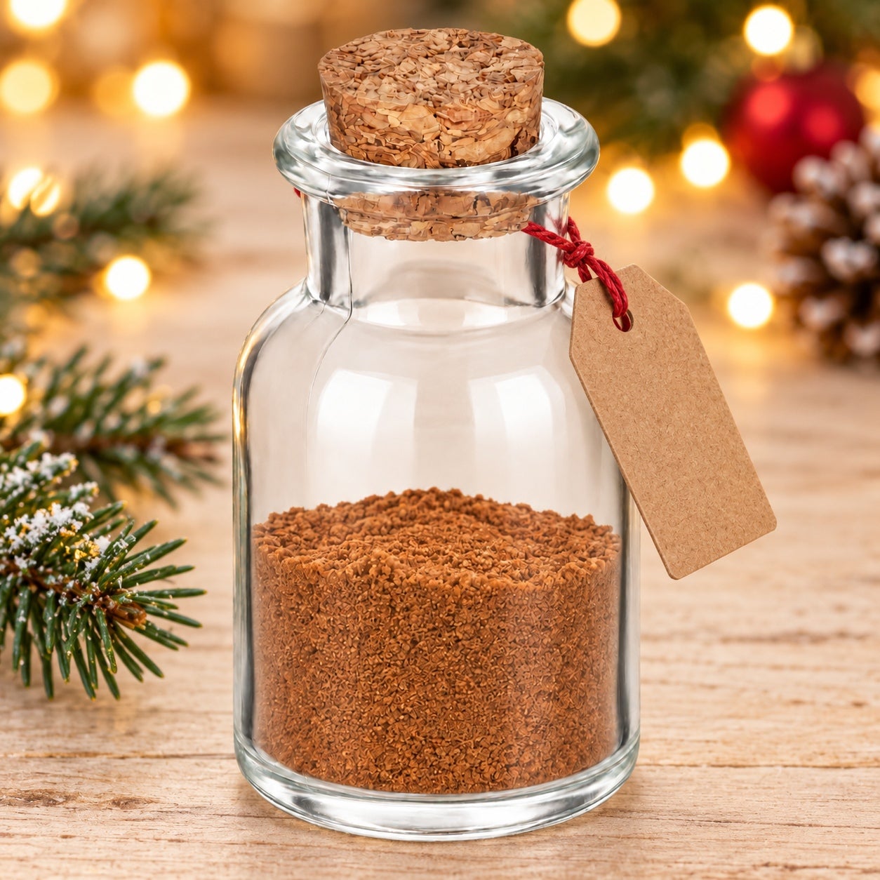 Clear Bottle 30 ml als kleines Wintergeschenk; Befüllung und Dekoration nicht enthalten, glasflasche, korkdeckel, braungranulat, gewürzbehälter, taganschrift