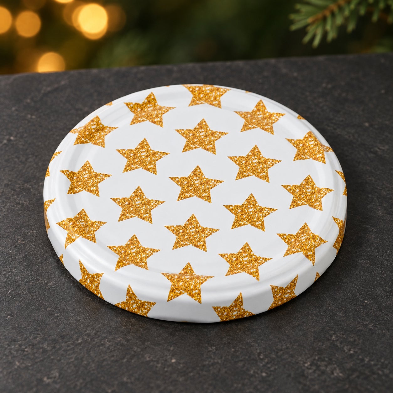 Glas mit Weihnachtsmotivdeckel – Sterne230, Runder Teller, Weiß, Goldene Sterne, Glitzerdekor
