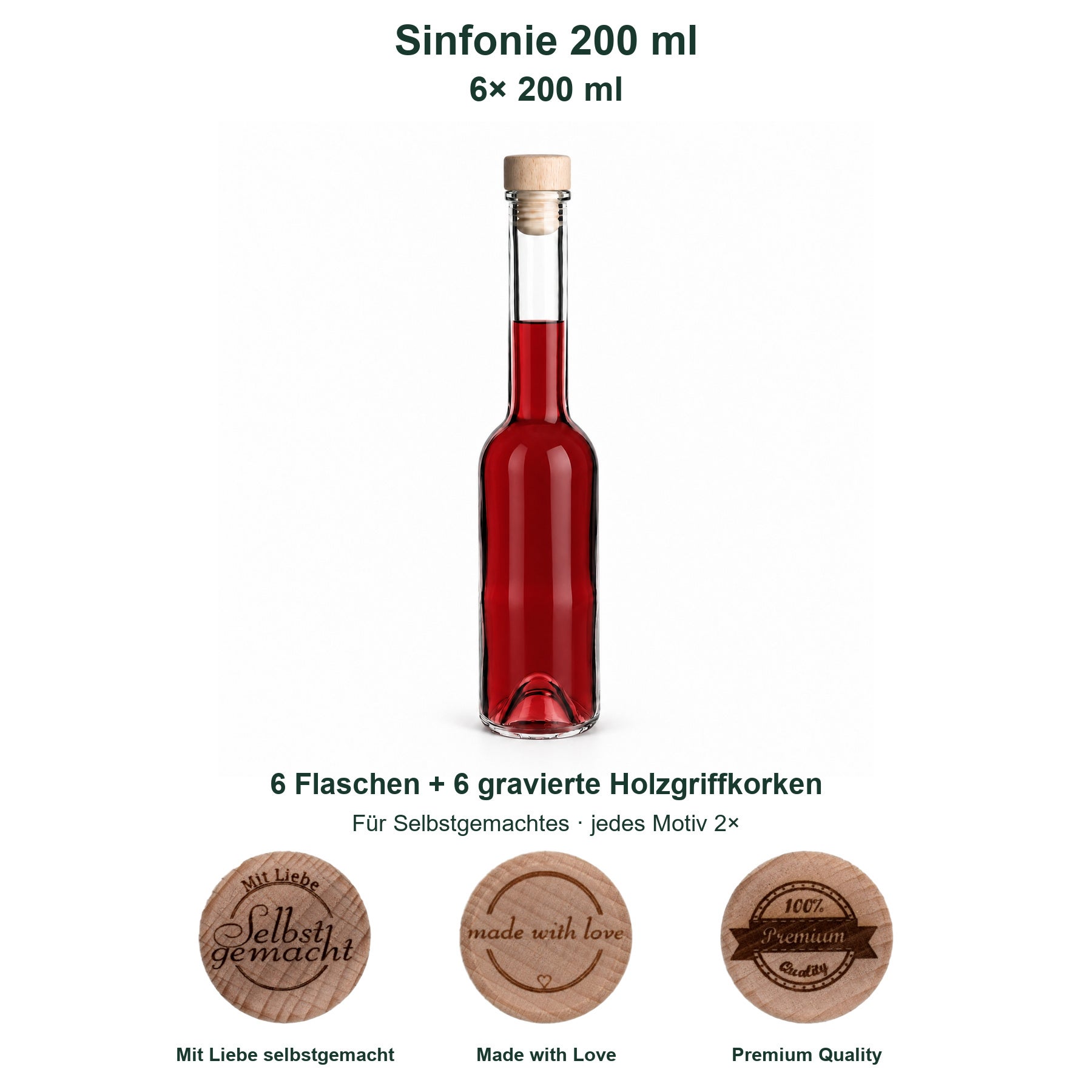 6er-Set Sinfonie 200 ml mit gravierten Holzgriffkorken: gefüllte Flasche auf Weiß, Mix für Selbstgemachtes und vollständige Motivverteilung., Flasche, Rot, Holzdeckel, Glasflasche, Holzgriffe