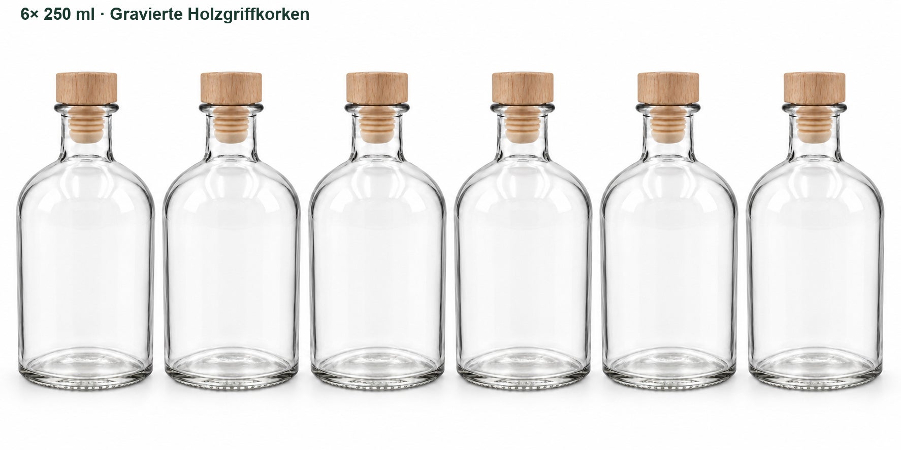 Sechs leere Apotheker 250 ml-Flaschen mit sitzenden Holzgriffkorken in frontaler Reihe., Holzdeckel, Korkverschluss, Glasflasche, 6erSET, transparent