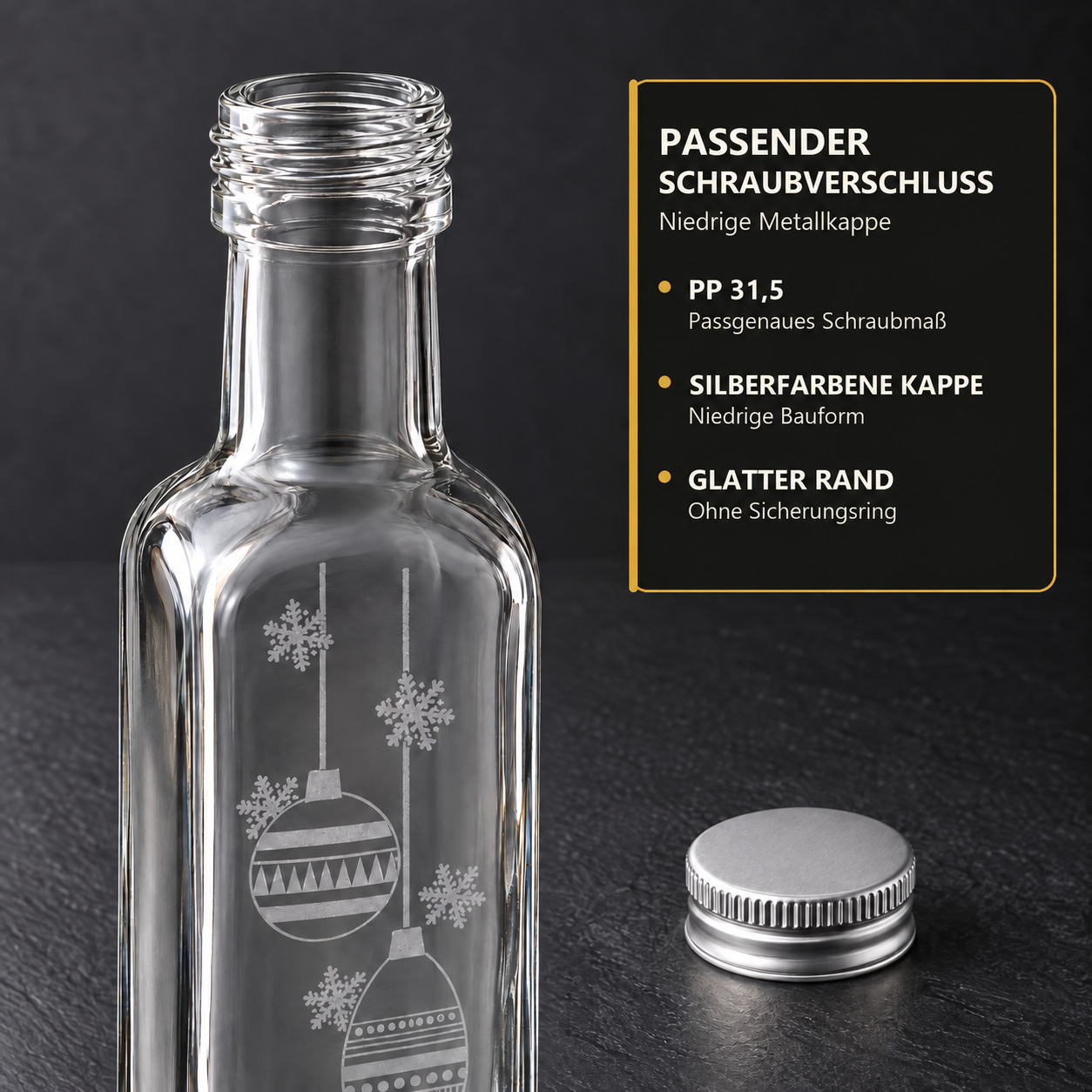 Maraska250 ml · Silber-Ausführung · Verschlussdetail, glasflasche, glasbehälter, weihnachtlich, kappe, ornamente