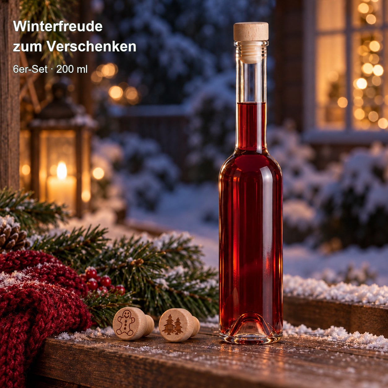 Sinfonie 200 ml gefüllt als Geschenk im verschneiten Winterambiente; 6er-Set., Flasche, Rotwein, Korken, Holzstopfen, Weinset