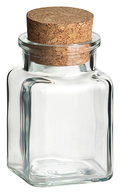 Korkenglas eckig 150 ml leer mit passendem Presskorken, Glasbehälter, Korkdeckel, Glasflasche, Aufbewahrungsglas, Kunststoff?