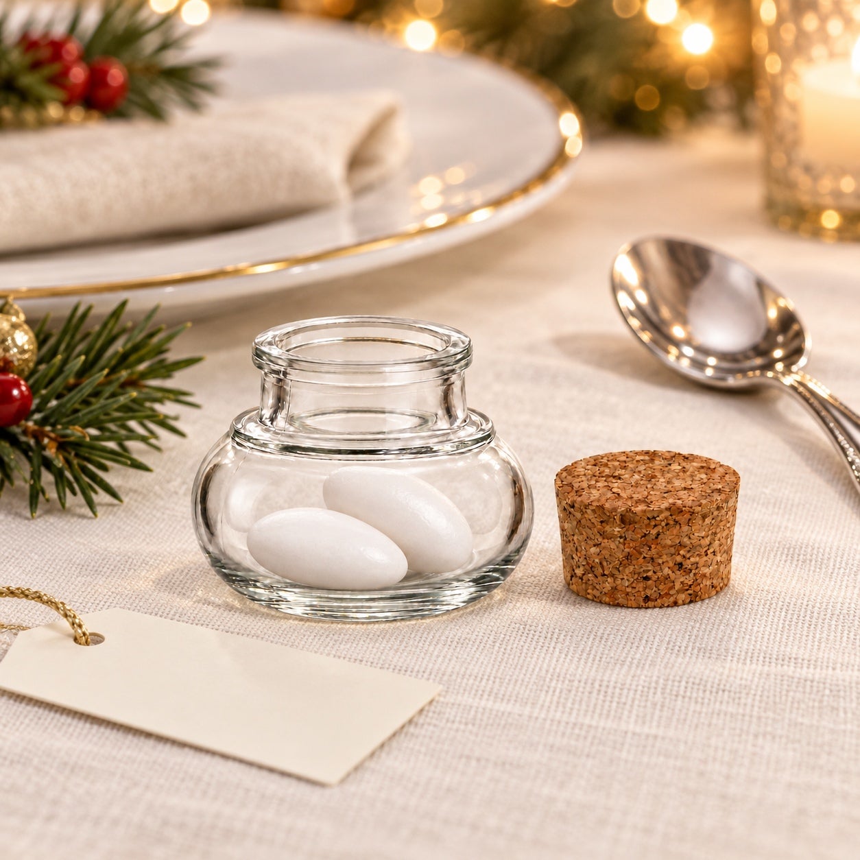 Korkenglas rund 40 ml als kleines Wintergeschenk; Befüllung und Dekoration nicht enthalten, Glasgefäß, Korkdeckel, Weißes Glasbehältnis, Dekoration Glas, Korkdeckel Glasbehälter