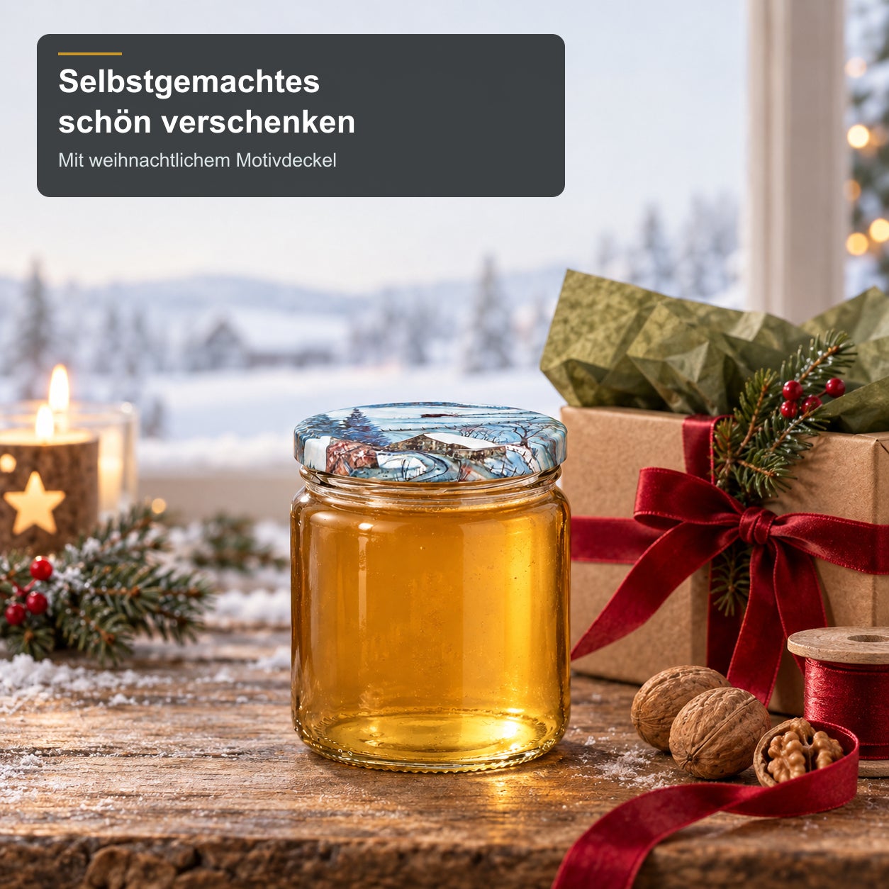 Glas mit Weihnachtsmotivdeckel – Winter405, Einmachglas, Glas, Schraubdeckel, Weihnachtsmotiv, Honig