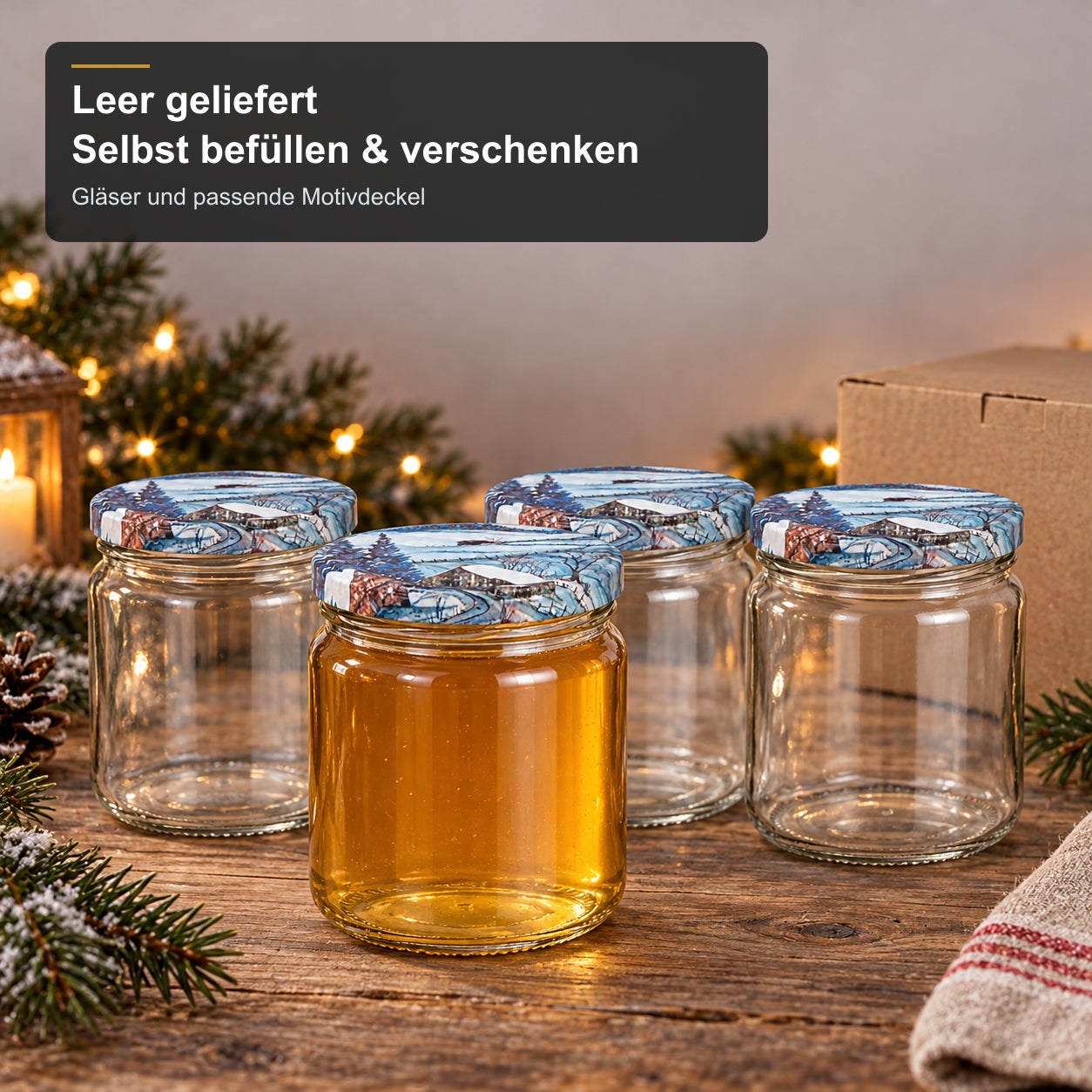Glas mit Weihnachtsmotivdeckel – Winter405, Einmachgläser, Glas, Motivdeckel, Schraubdeckel, Wintermotiv