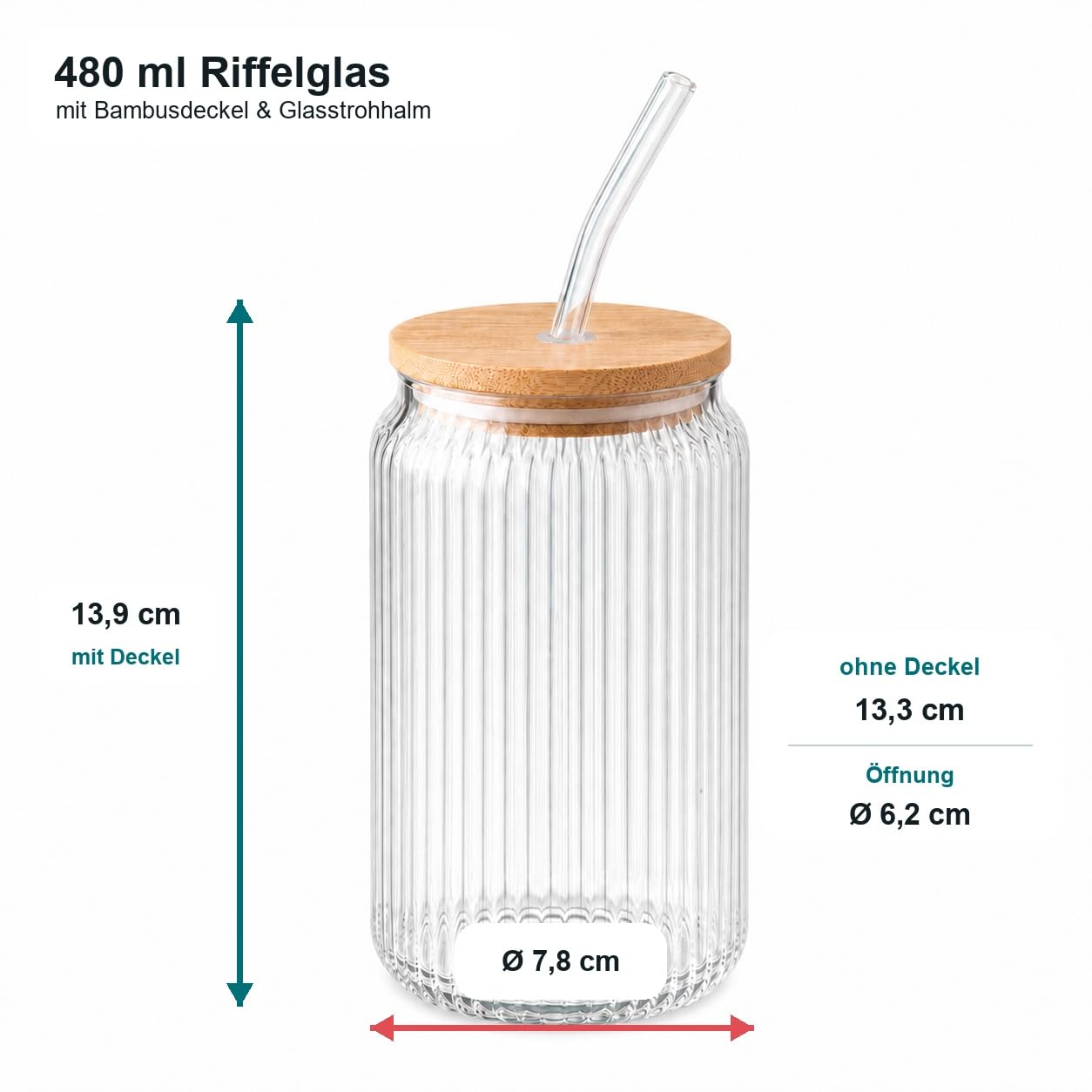 Glasflasche, Riffelglas, Bambusdeckel, Strohhalm, Ø6,2 cm