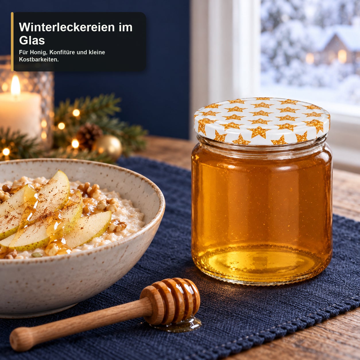 Glas mit Weihnachtsmotivdeckel – Sterne405, Honigglas, Glasbehälter, Schraubdeckel, Sternenmuster, goldener Honig