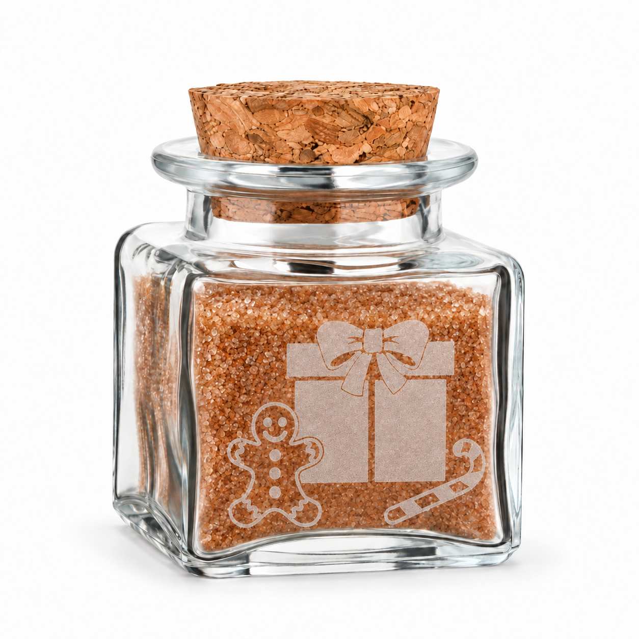 KorkenglasQuadrat50 ml · Geschenk · Motivauswahl und Lieferumfang, Glasbehälter, brauner Zucker, Korken, Geschenkglas, granuliertes Zucker