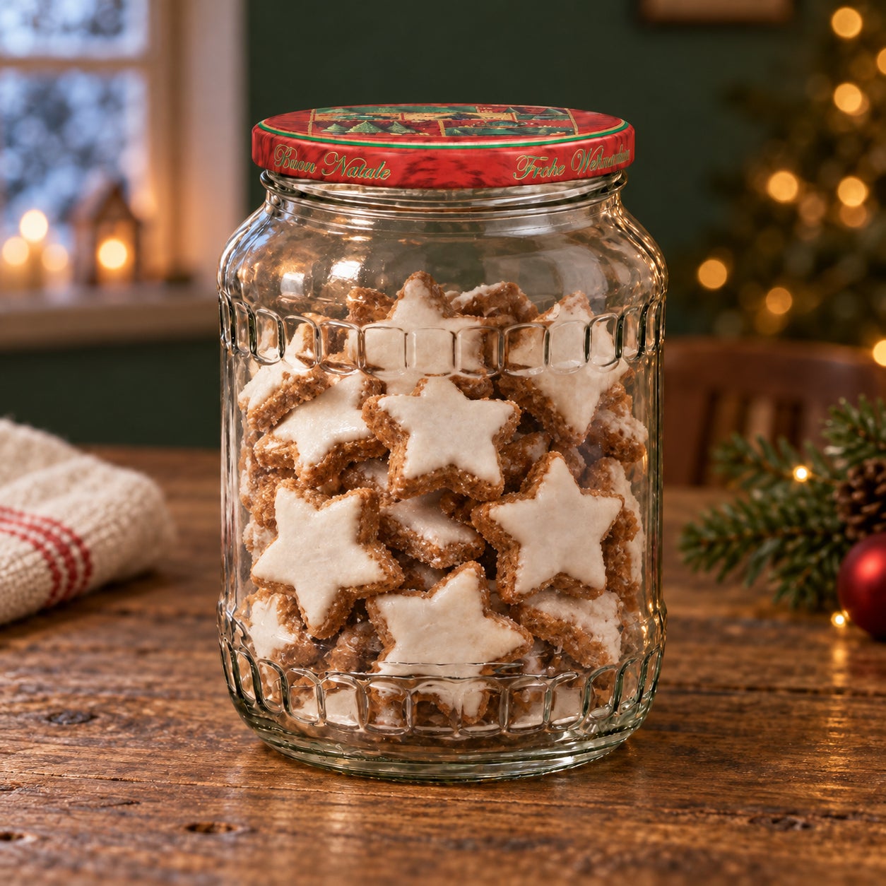 Glas mit Weihnachtsmotivdeckel – Tanne720, Vorratsglas, Glas, roter Schraubdeckel, Weihnachtsmotiv, geriffelte Oberfläche