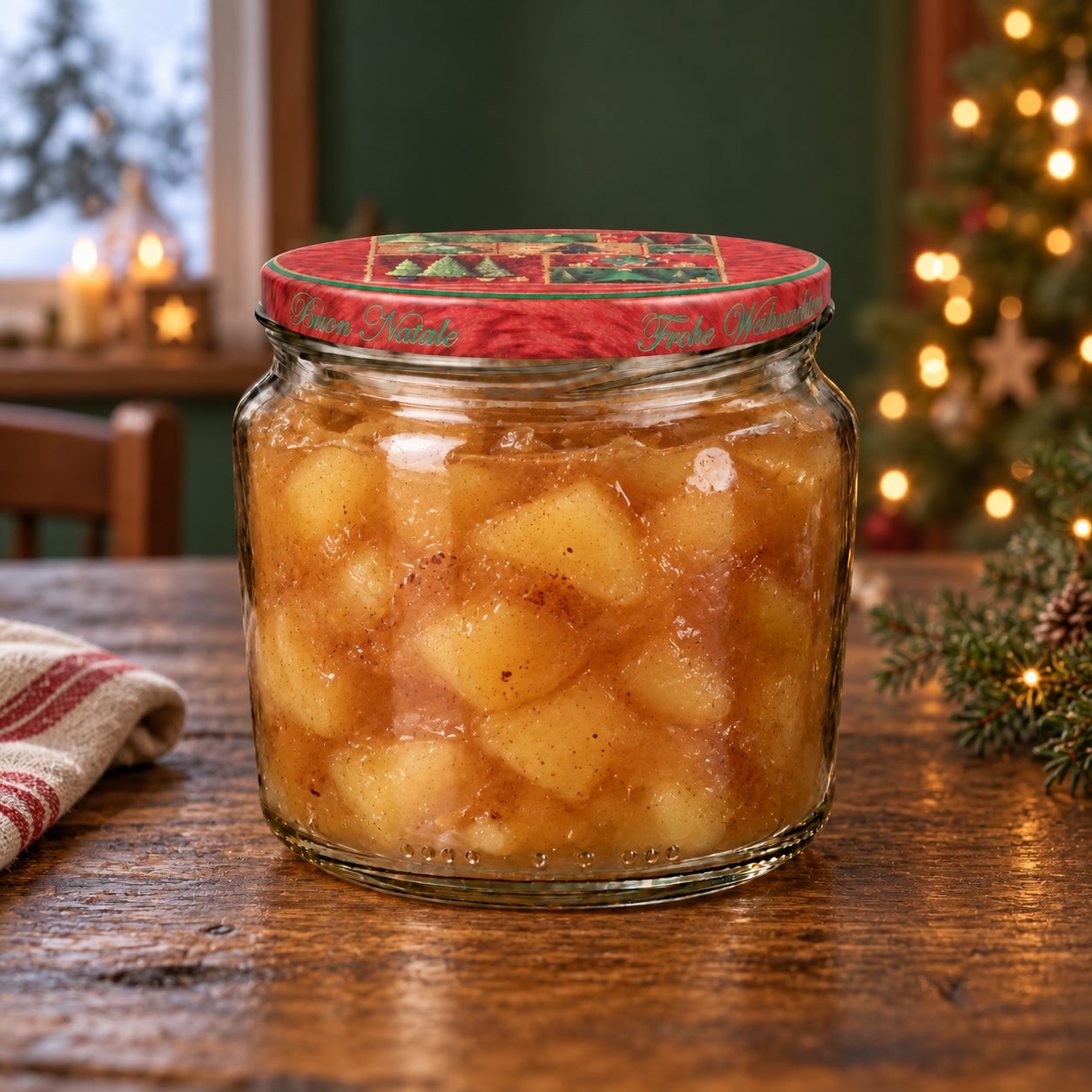 Glas mit Weihnachtsmotivdeckel – Tanne360, Apfelkompott, Apfelstücke, Glasgefäß, Zimtgewürzt, Weihnachtsmotiv