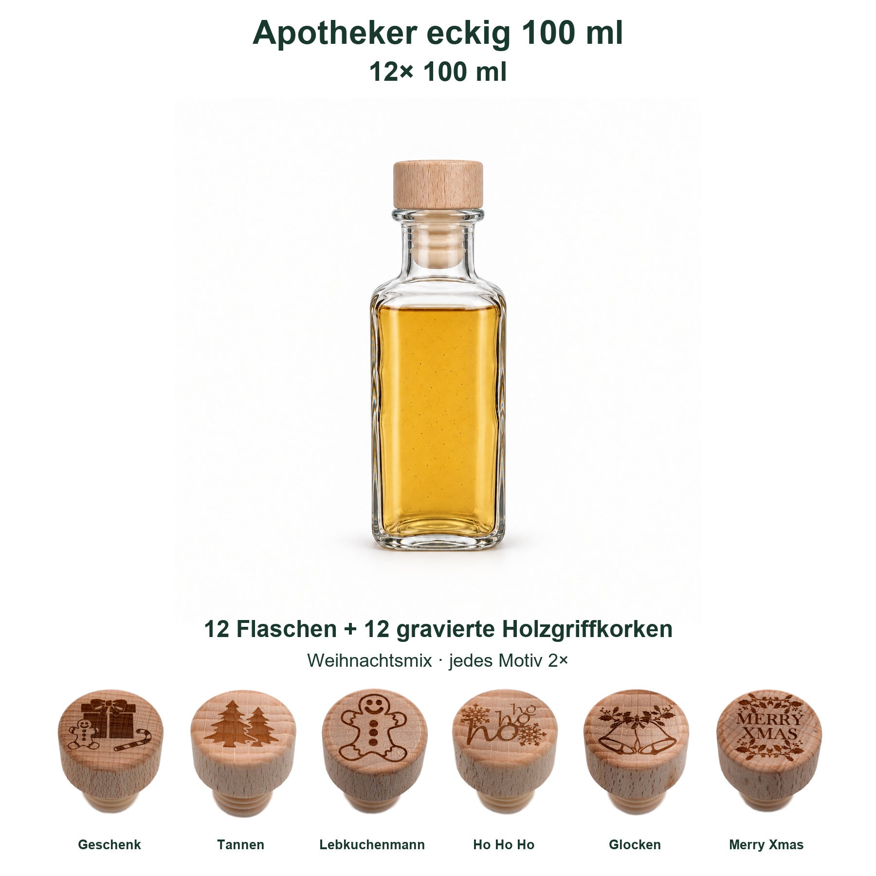 12er-Set Apotheker eckig 100 ml mit gravierten Holzgriffkorken: gefüllte Flasche auf Weiß, Weihnachtsmix und vollständige Motivverteilung., glasflasche, öl, 120 ml, holzdeckel, einzeldose