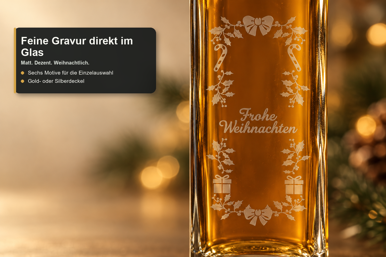 Maraska250 ml · Motivauswahl und Lieferumfang, Glas, Weihnachtsflasche, Gravur, Golddekor, Frohe Weihnachten