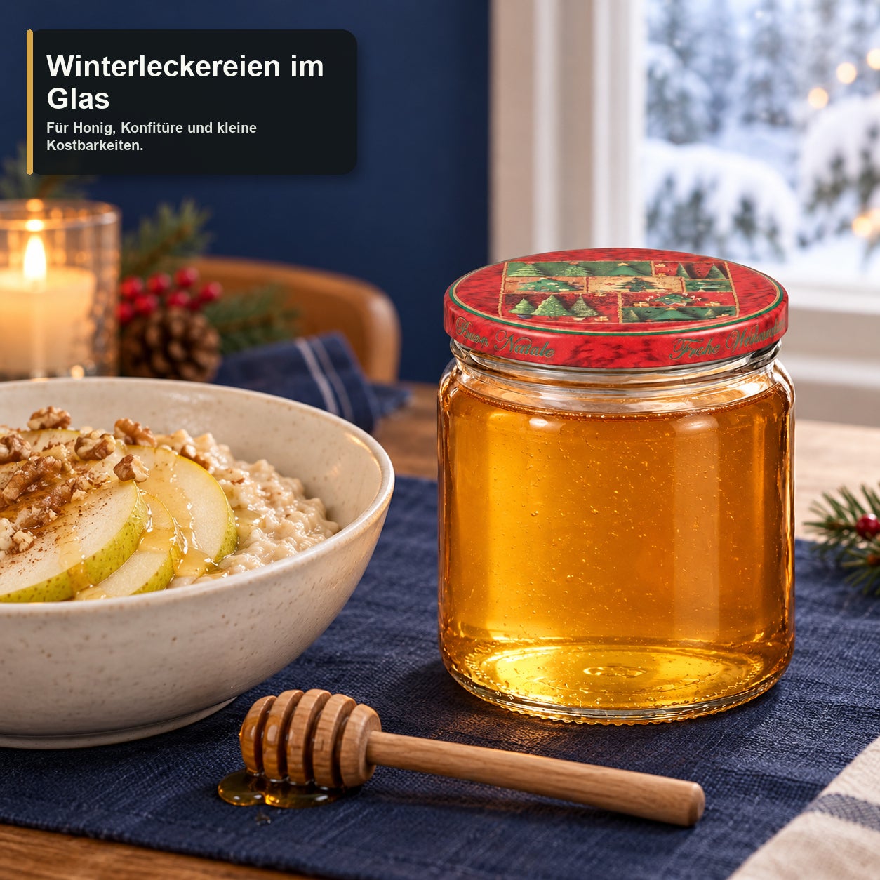 Glas mit Weihnachtsmotivdeckel – Tanne405, Honigglas, Klarsichtglas, Schraubdeckel, Goldener Honig