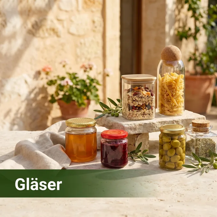 Gläser, Gläser mit Deckel, Honig, Oliven, Pasta