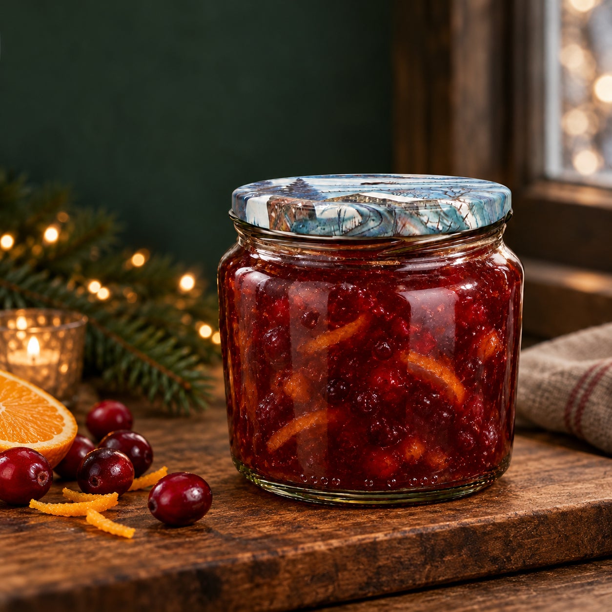 Glas mit Weihnachtsmotivdeckel – Winter360, Cranberry-Orangen-Konfitüre, Glas mit Schraubdeckel, rote Konfitüre, Fruchtstückchen