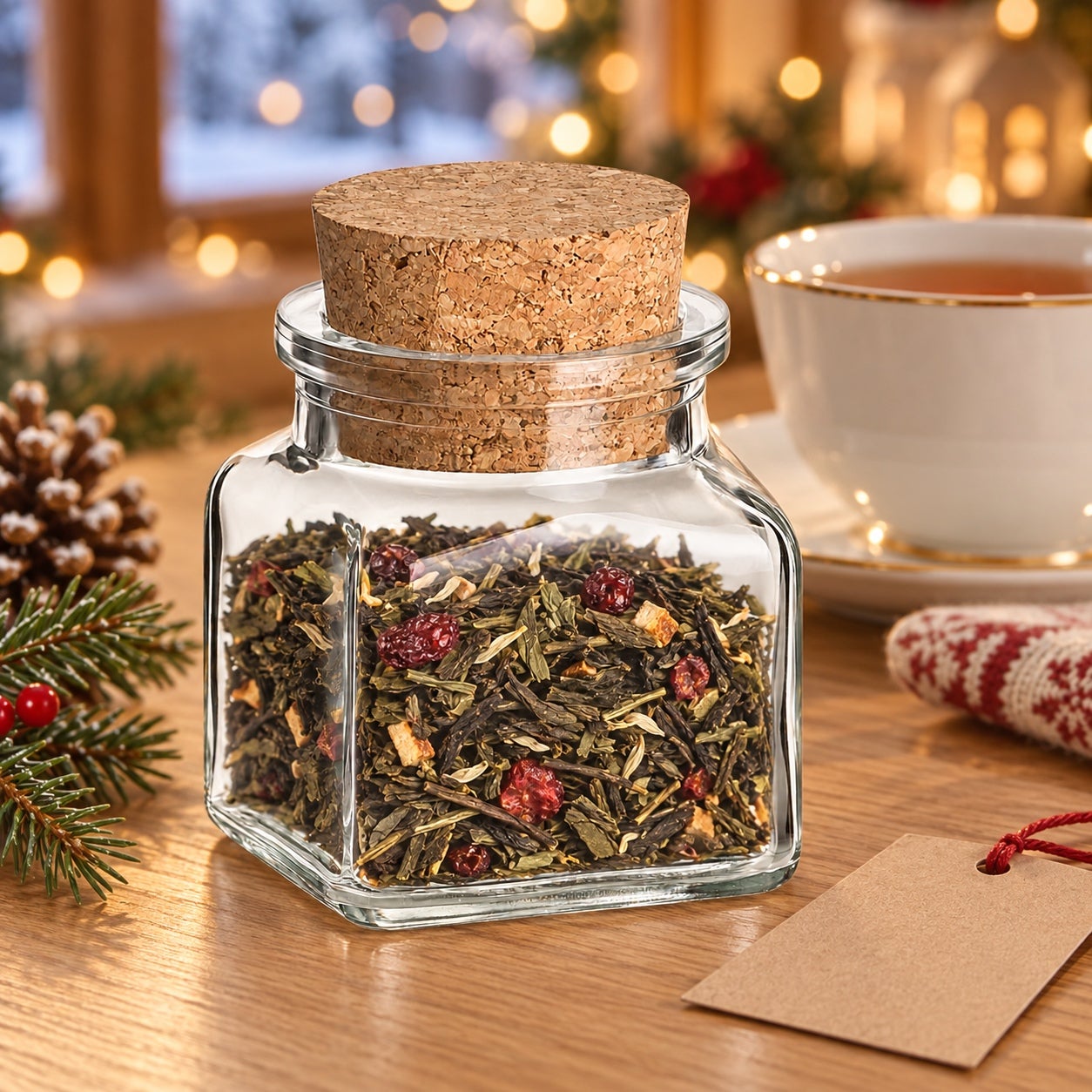 Korkenglas eckig 120 ml als kleines Wintergeschenk; Befüllung und Dekoration nicht enthalten, Teeblend, Kräutertee, Korkenverschluss, Glasbehälter, Aromatisierter Tee
