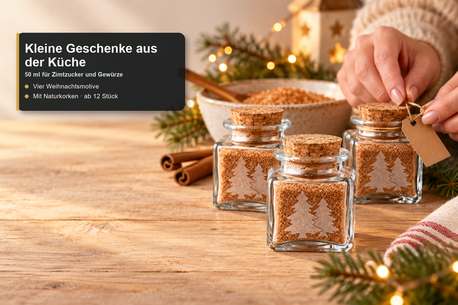KorkenglasQuadrat50 ml · Anwendungsbeispiel, leere Lieferung, Küche Geschenk, Weihnachtsgläser, Zuckerstreuer, Zimt, Korken