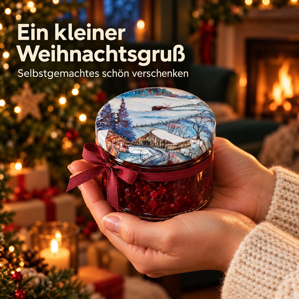 Glas mit Weihnachtsmotivdeckel – Winter230, Glasgefäß, Beerenkonfitüre, Wintermotiv, Deckel mit Landschaft, Geschenkband