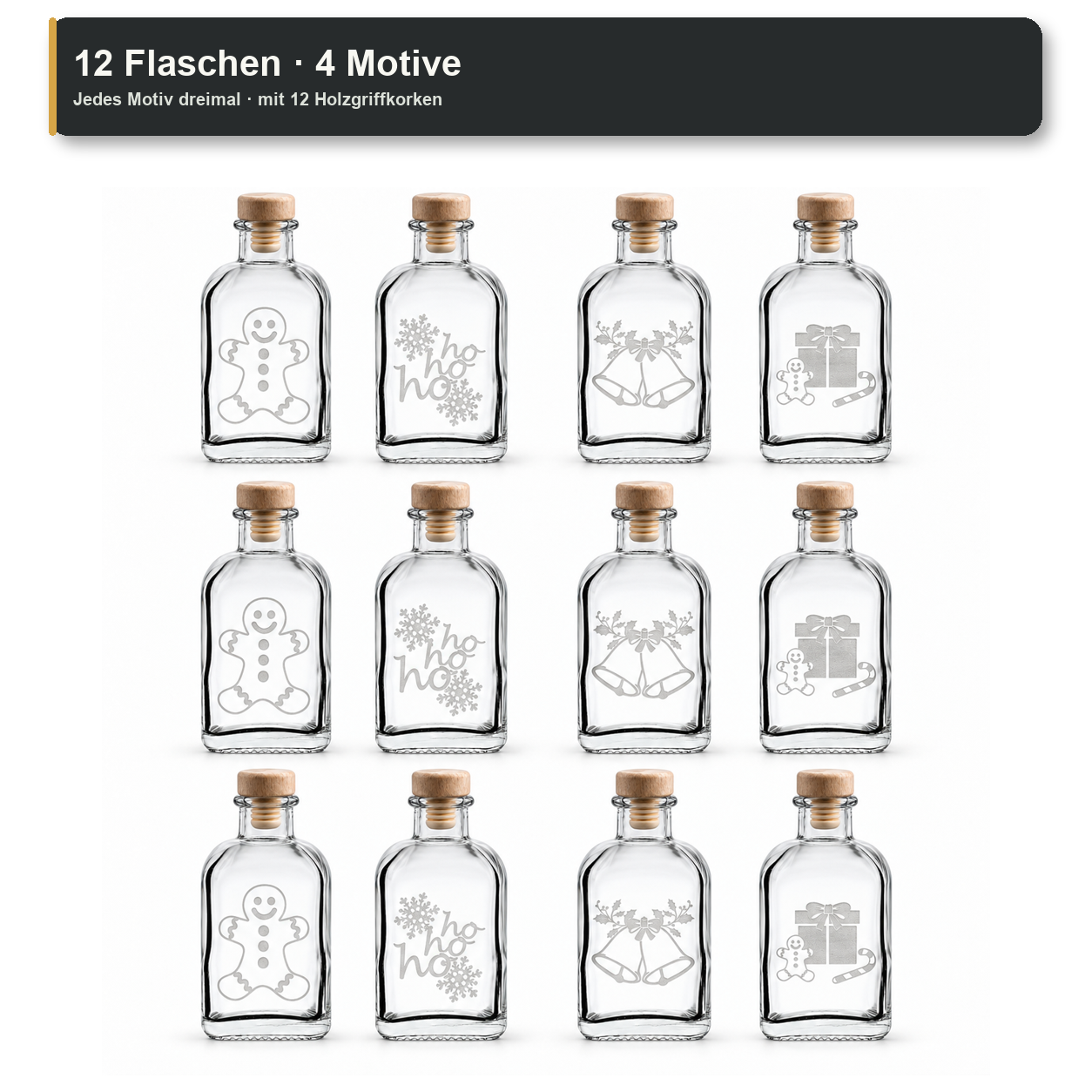 ApothekerQuadrat100 ml · Motivauswahl und Lieferumfang, Glasflasche, Weihnachtsmotiv, 12er-Set, Korkenverschluss, durchsichtiges Glas