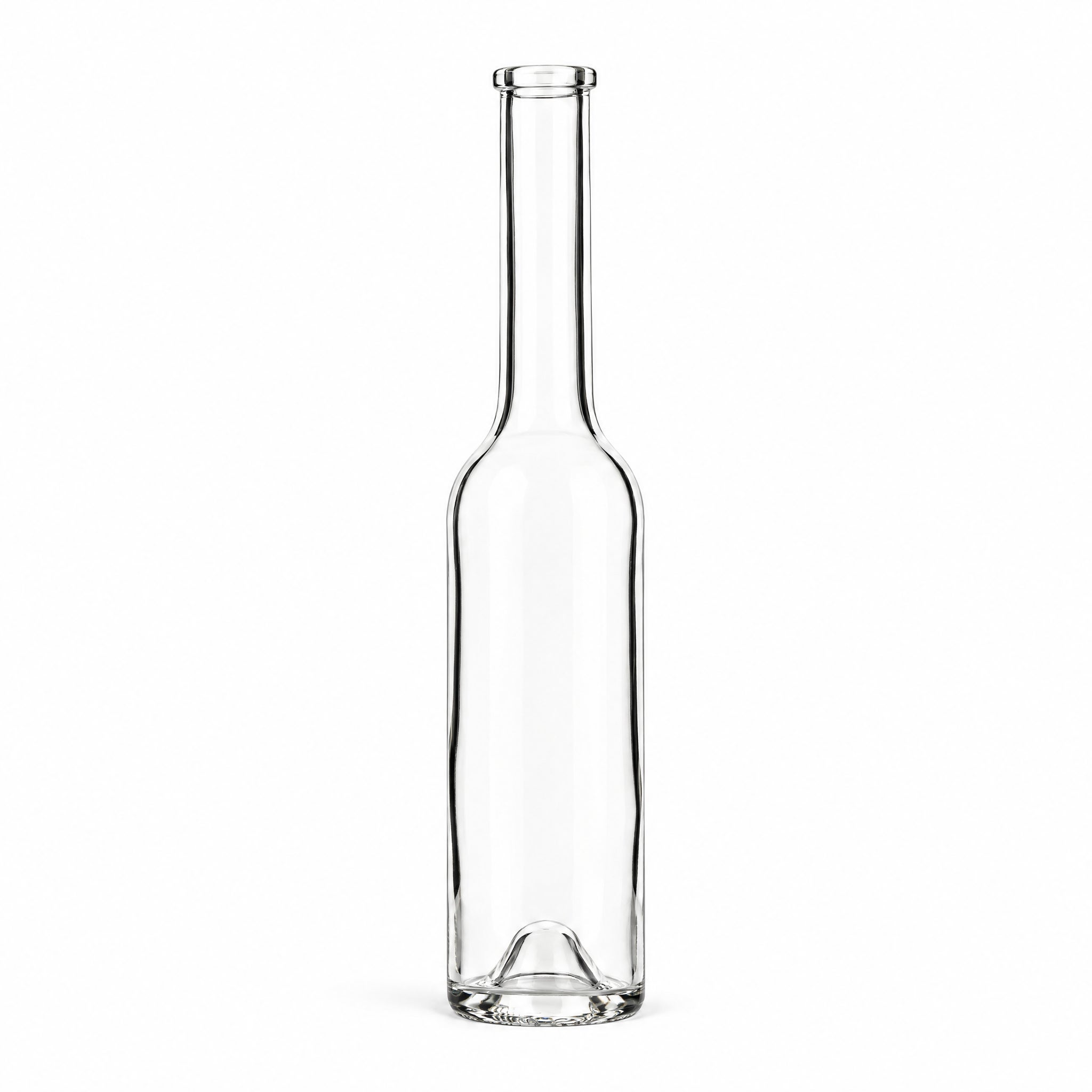 200 ml Sinfonie Korkflasche – leer auf weißem Hintergrund, Glasflasche, Klarglas, Langer Hals, Schraubverschluss, Eingewölbter Boden