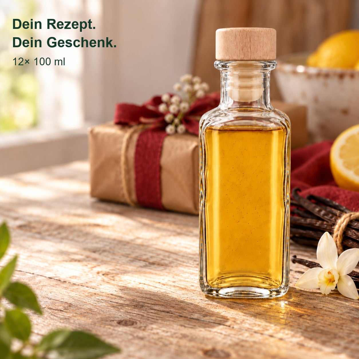 Apotheker eckig 100 ml gefüllt als selbstgemachtes Geschenk in warmem Wohnambiente; 12er-Set mit gravierten Holzgriffkorken., Öl, Zitronenöl, Flasche, Glasflasche, 100 ml