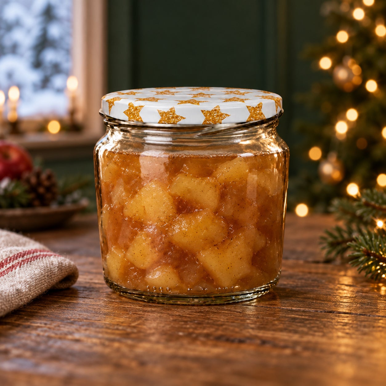 Glas mit Weihnachtsmotivdeckel – Sterne360, Apfelkompott, Einmachglas, Glasbehälter, Sternenmuster, Schraubdeckel