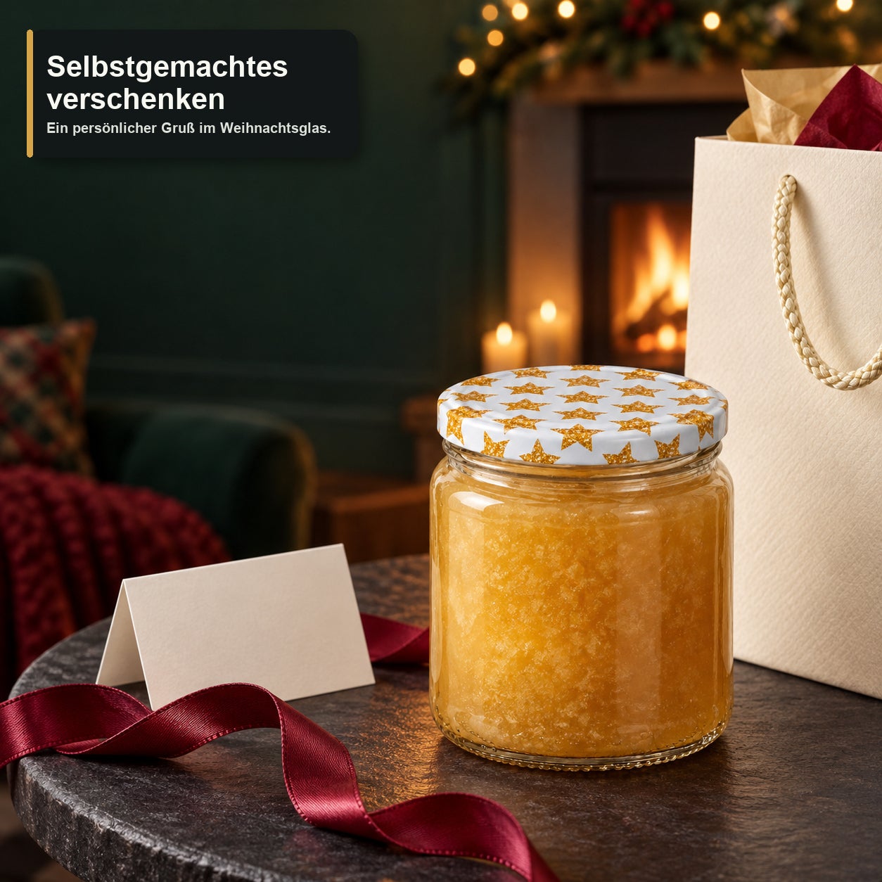 Glas mit Weihnachtsmotivdeckel – Sterne405, Weihnachtsglas, Selbstgemachtes Geschenk, Glas mit Schraubdeckel, Goldene Sterne, Körperpeeling