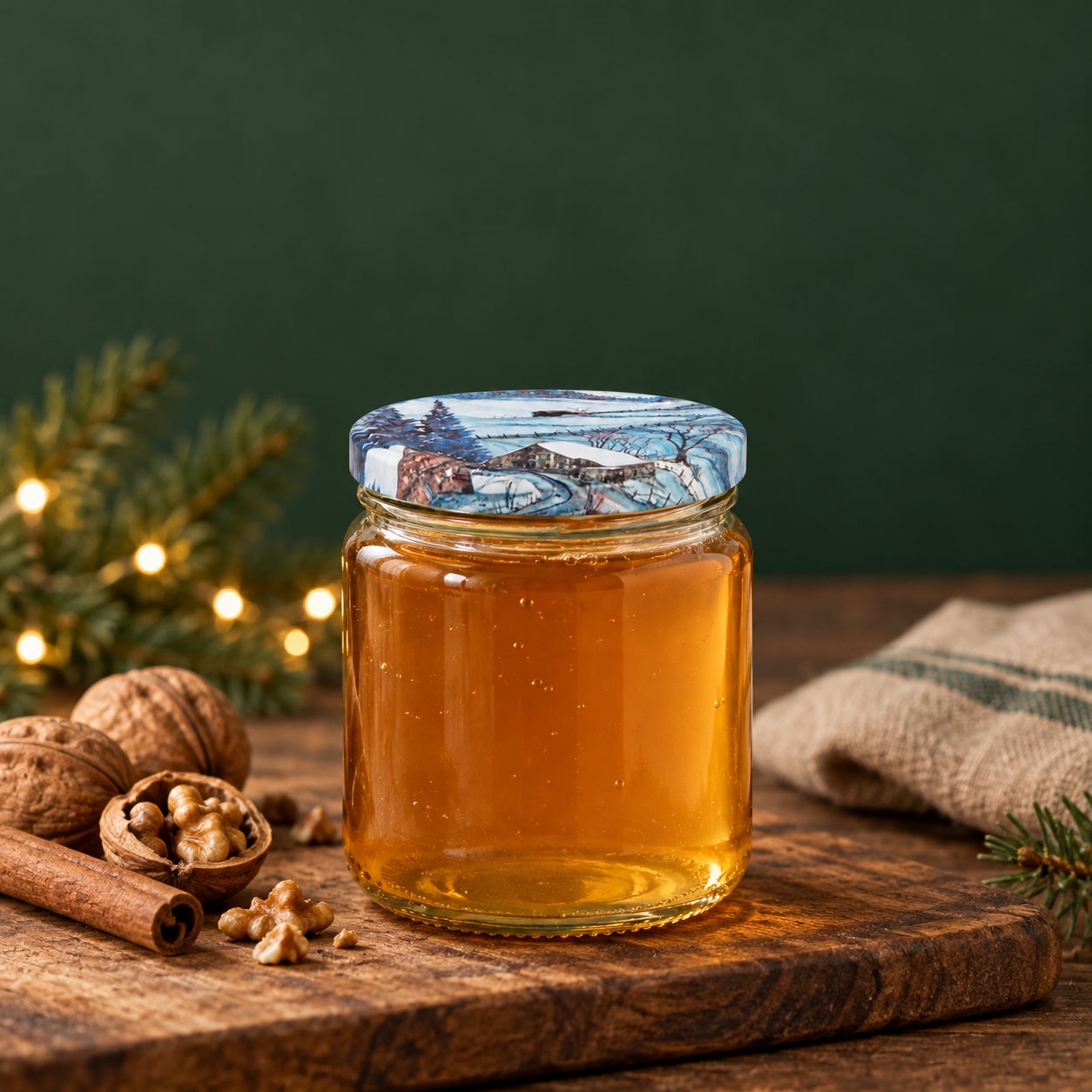 Glas mit Weihnachtsmotivdeckel – Winter405, Honig, Glasschraubglas, goldgelb, bedruckter Deckel