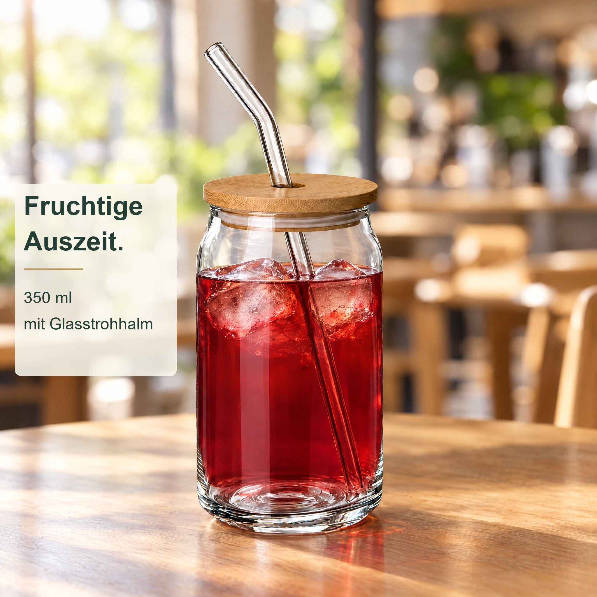 SW10301 – Anwendungsbeispiel; dargestellte Füllung gehört nicht zum Lieferumfang, Trinkglas, Bambusdeckel, Glasstrohhalm, 350 ml, transparentes Glas