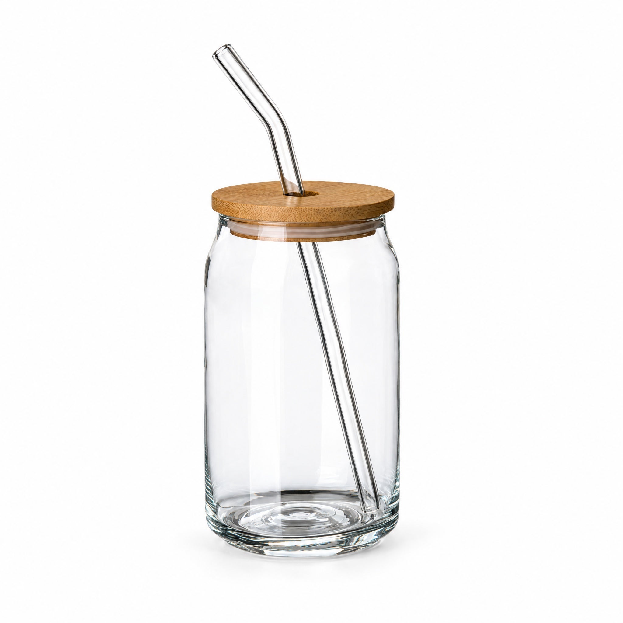 SW10301 – Produkt- und Verschlussansicht, Trinkglas mit Deckel, Glasstrohhalm, Bambusdeckel, Transparentes Glas, Gebogener Strohhalm