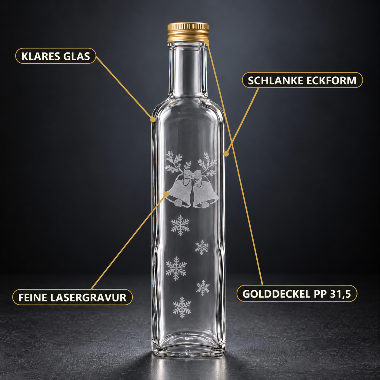 Maraska250 ml · Gold-Ausführung · Motivauswahl und Lieferumfang, glasflasche, schlank, schneeflockenmuster, lasergravur, goldener deckel