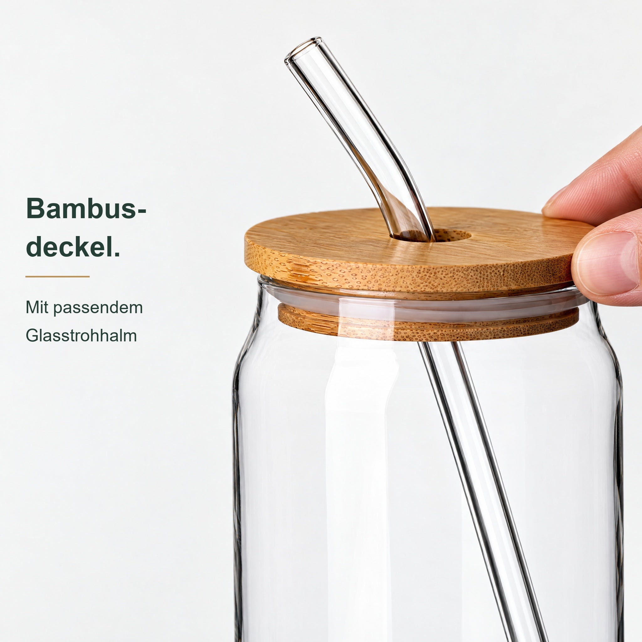 SW10302 – Produkt- und Verschlussansicht, Trinkglas, Bambusdeckel, Glastrinkhalm, transparentes Glas