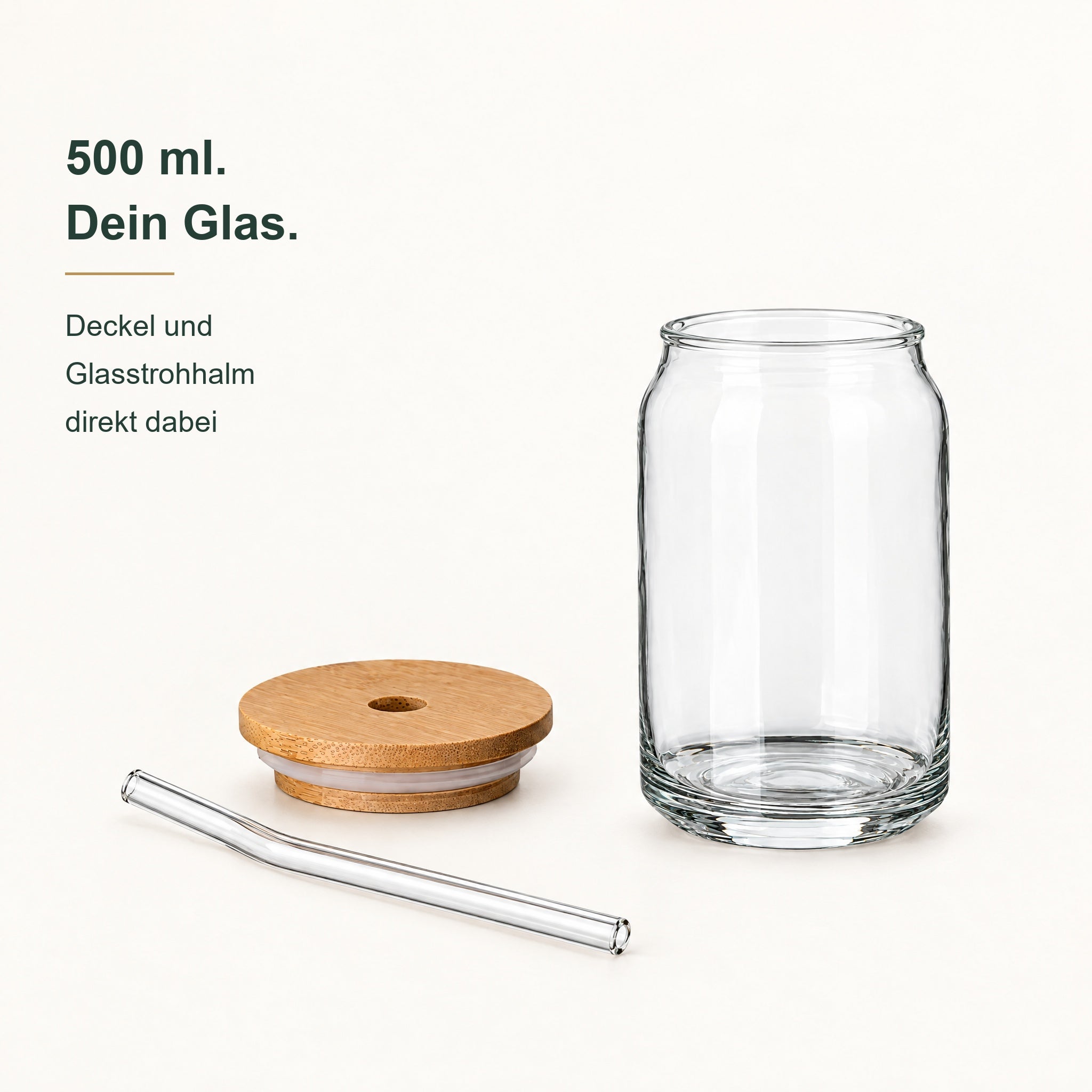 SW10302 – Produkt- und Verschlussansicht, Trinkglas, 500 ml, Bambusdeckel, Glasstrohhalm, Transparentes Glas