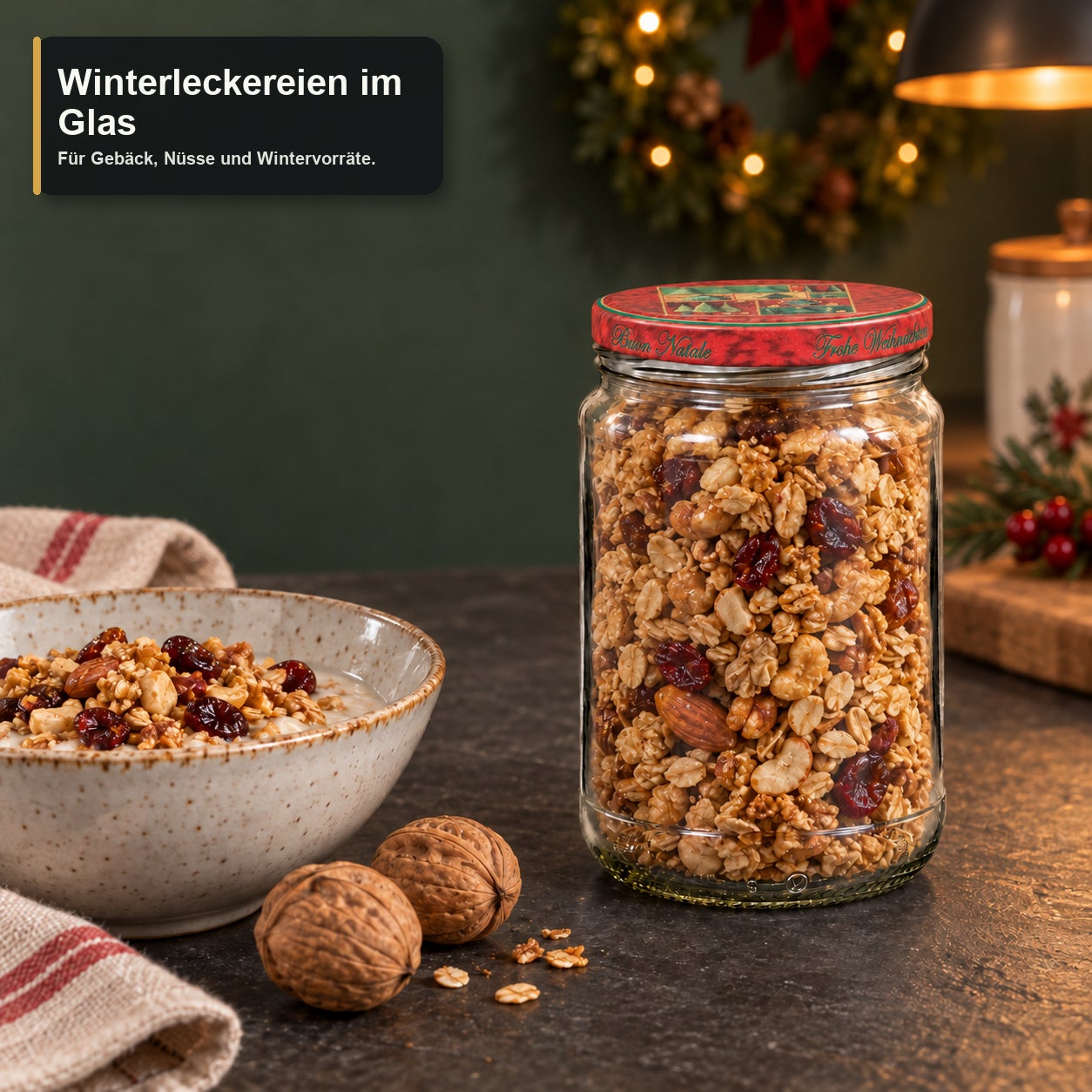 Glas mit Weihnachtsmotivdeckel – Tanne580, Glasvorratsglas, roter Schraubdeckel, Müslimischung, Nüsse, Trockenfrüchte