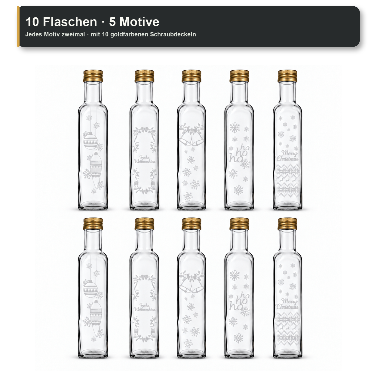 Maraska250 ml · Gold-Ausführung · Motivauswahl und Lieferumfang, Glasflasche, Schraubdeckel, Weihnachtsmotiv, klar, 10er Set