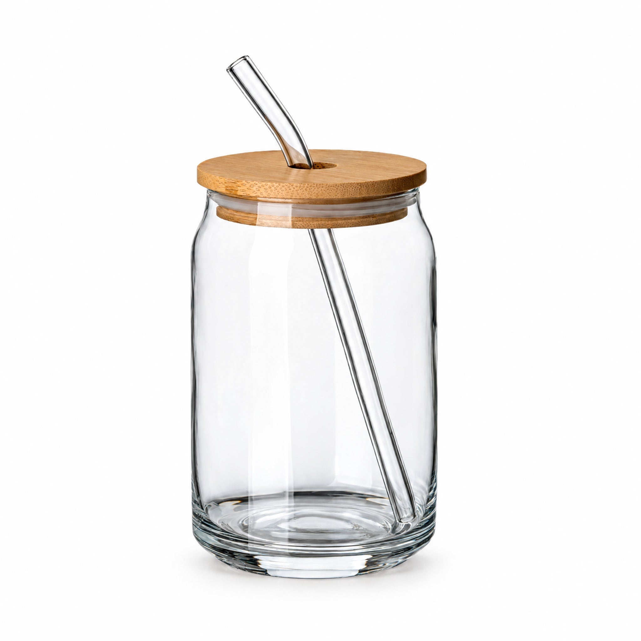 SW10302 – Produkt- und Verschlussansicht, Trinkglas, Glasstrohhalm, Bambusdeckel, transparentes Glas, Deckel mit Loch