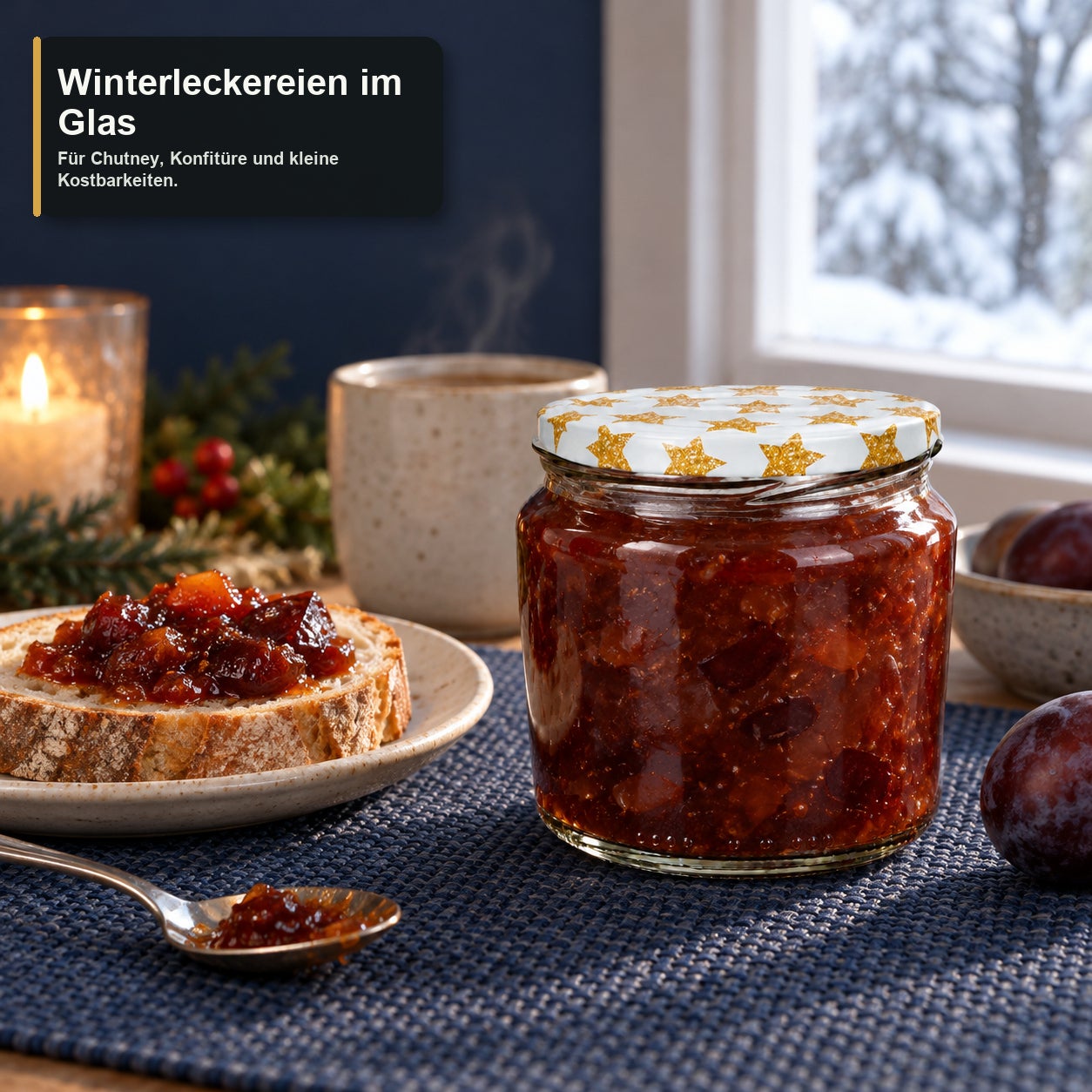 Glas mit Weihnachtsmotivdeckel – Sterne360, Fruchtchutney, Einmachglas, Dunkelrot, Sternenmuster, Schraubdeckel