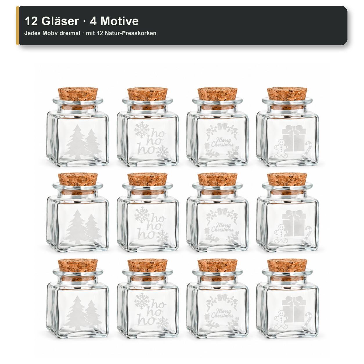 KorkenglasQuadrat50 ml · Motivauswahl und Lieferumfang, Gläser, Glasflasche, Korkdeckel, Weihnachtlich, Motive