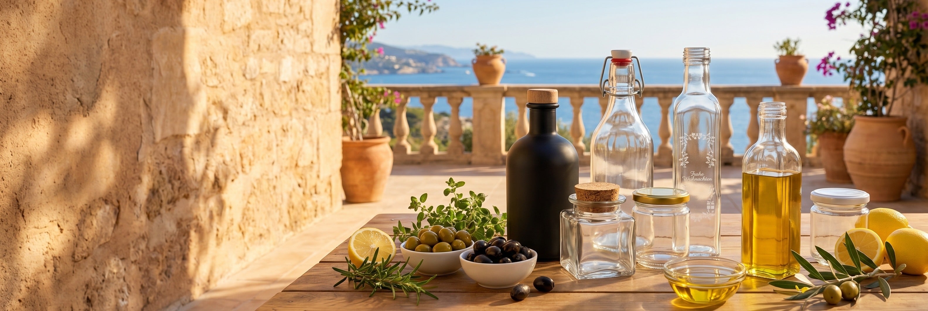 Olivenöl, Ölflaschen, Glasflaschen, Zitrone, Mediterrane Atmosphäre
