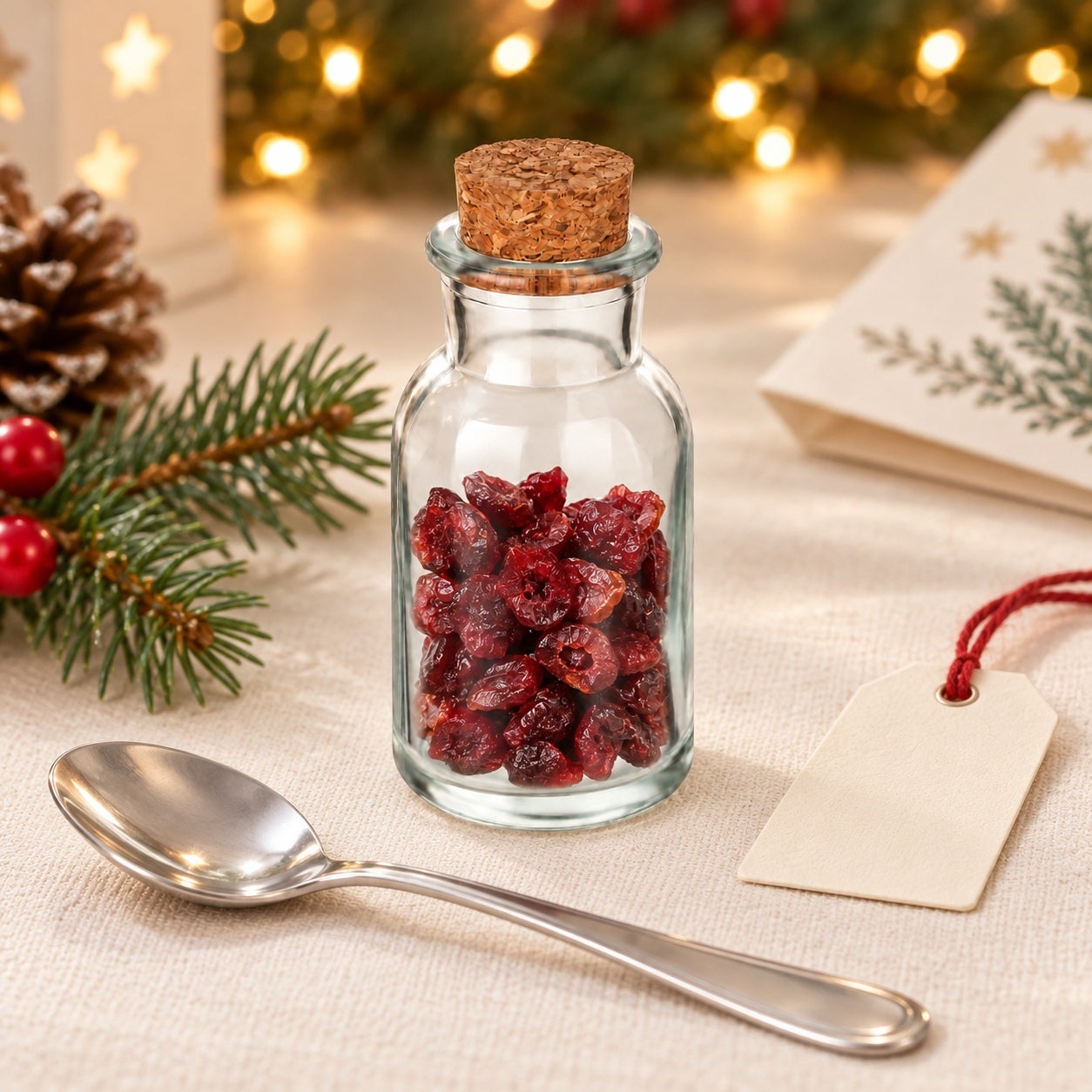 Clear Bottle 60 ml als kleines Wintergeschenk; Befüllung und Dekoration nicht enthalten, glasflasche, getrocknete cranberry, korkstopfen, löffel, geschenkanhänger
