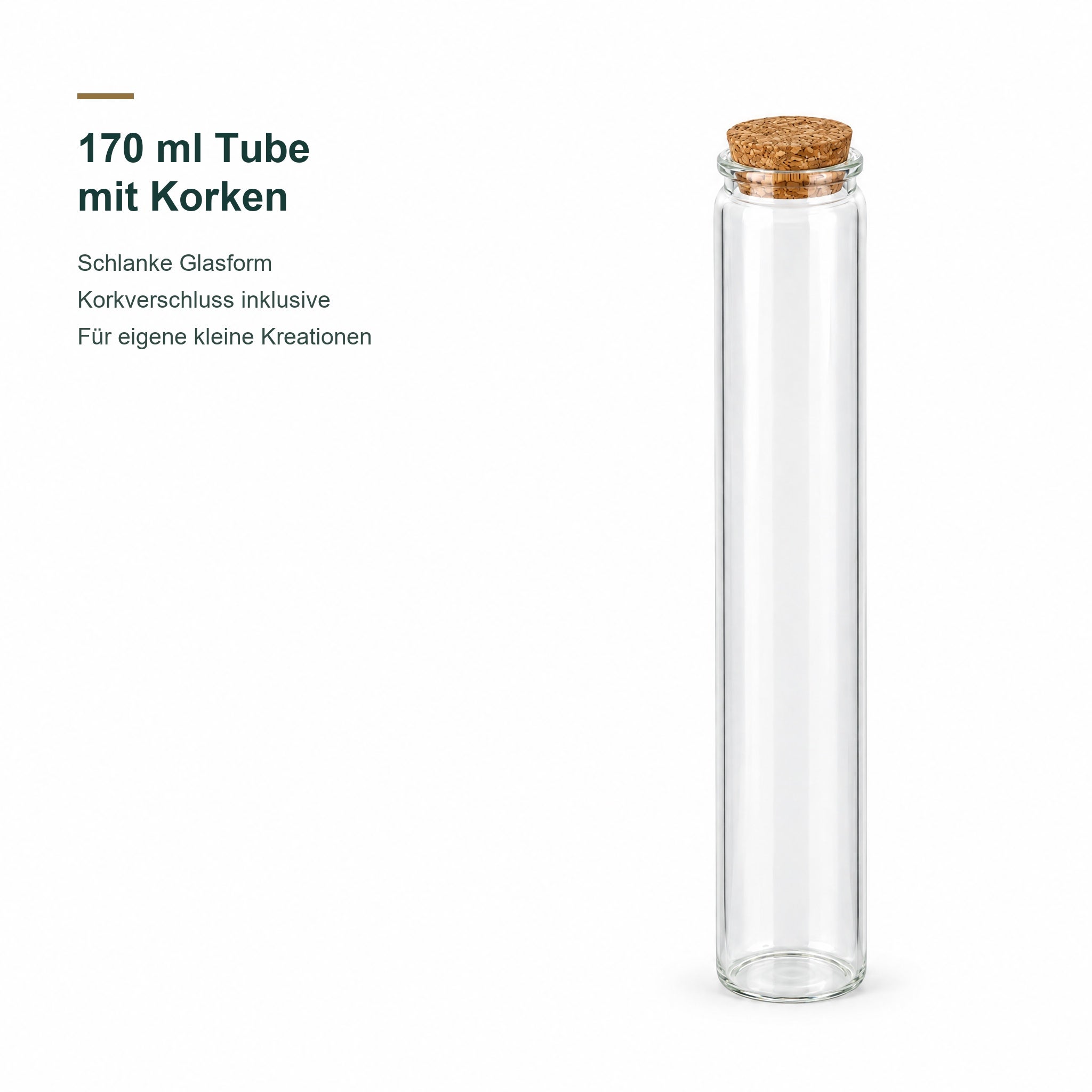 SW10145 – Produkt- und Verschlussansicht, Glasröhre, Korkverschluss, transparentes Glas, schlanke Form, 170 ml