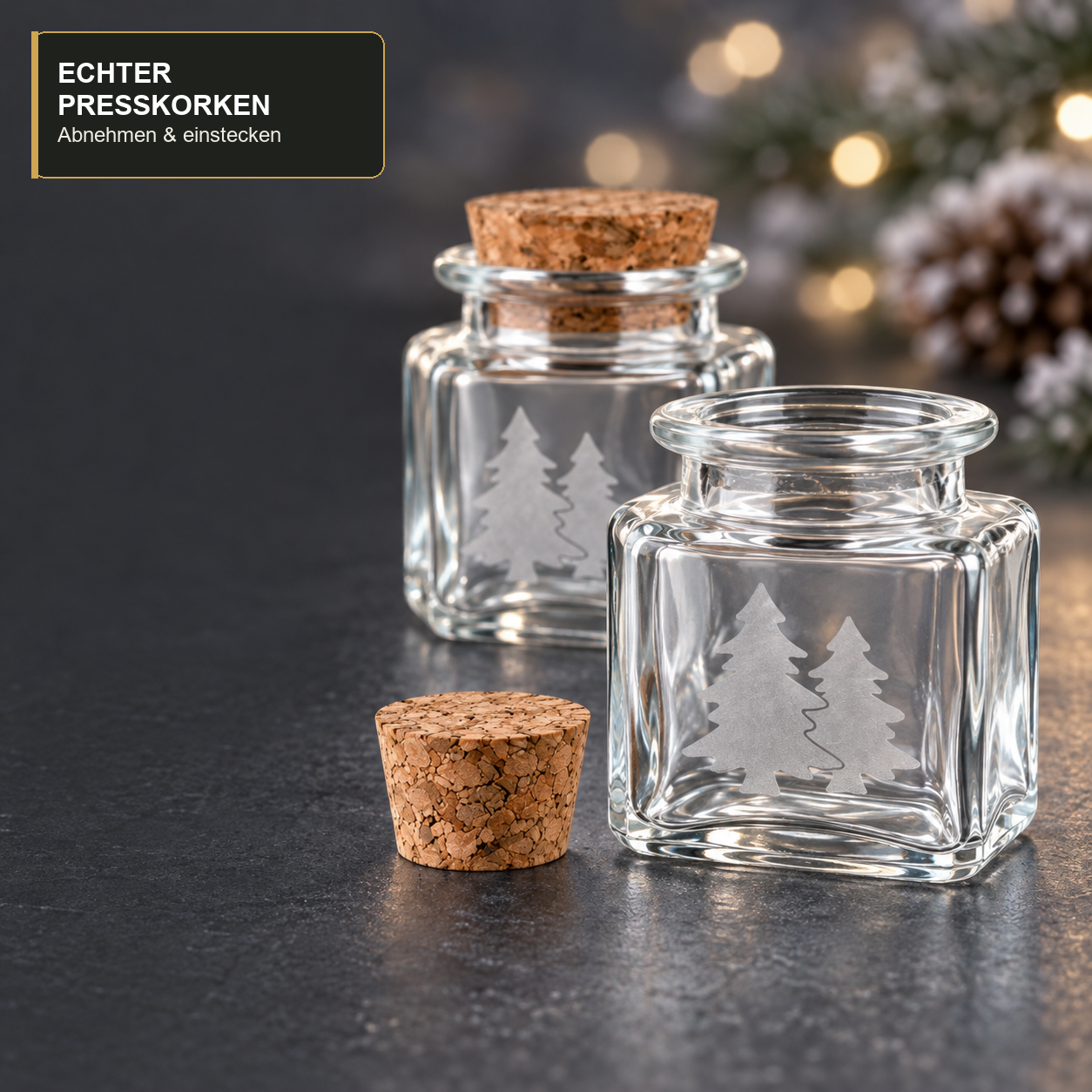 KorkenglasQuadrat50 ml · Verschlussdetail, glasgefäß, Korkstopfen, quaderförmiges Glas, Dekorationsglas, Baumschnitt-Motiv