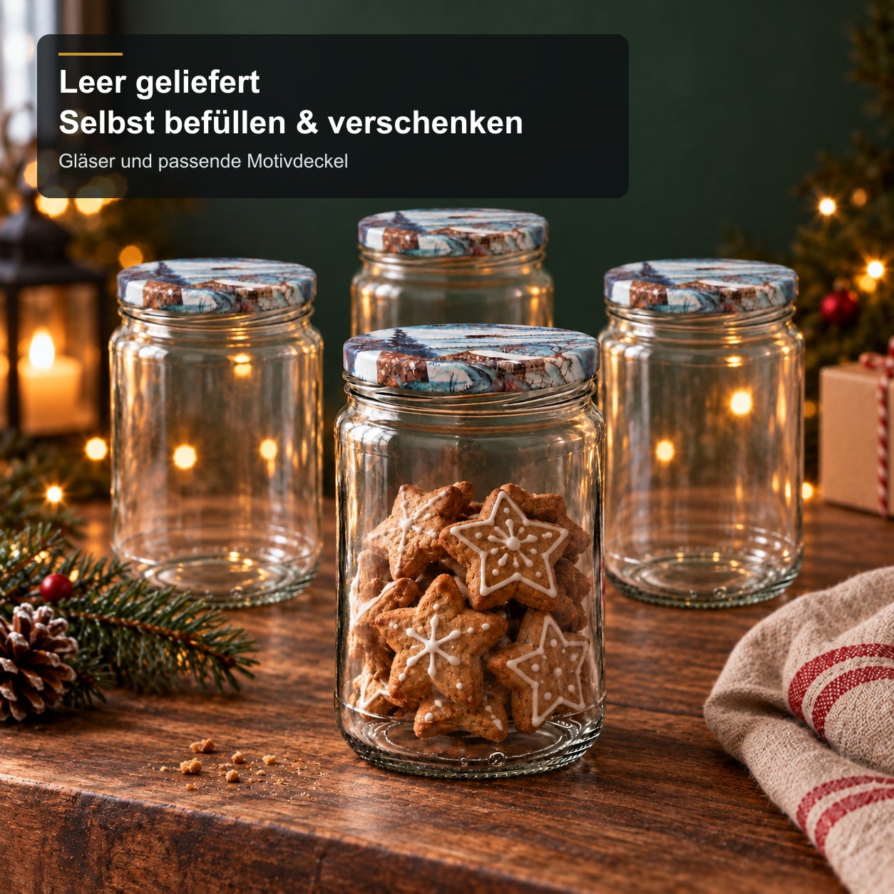 Glas mit Weihnachtsmotivdeckel – Winter580, Vorratsgläser, Klare Gläser, Motivdeckel, Schraubdeckel, Leer geliefert