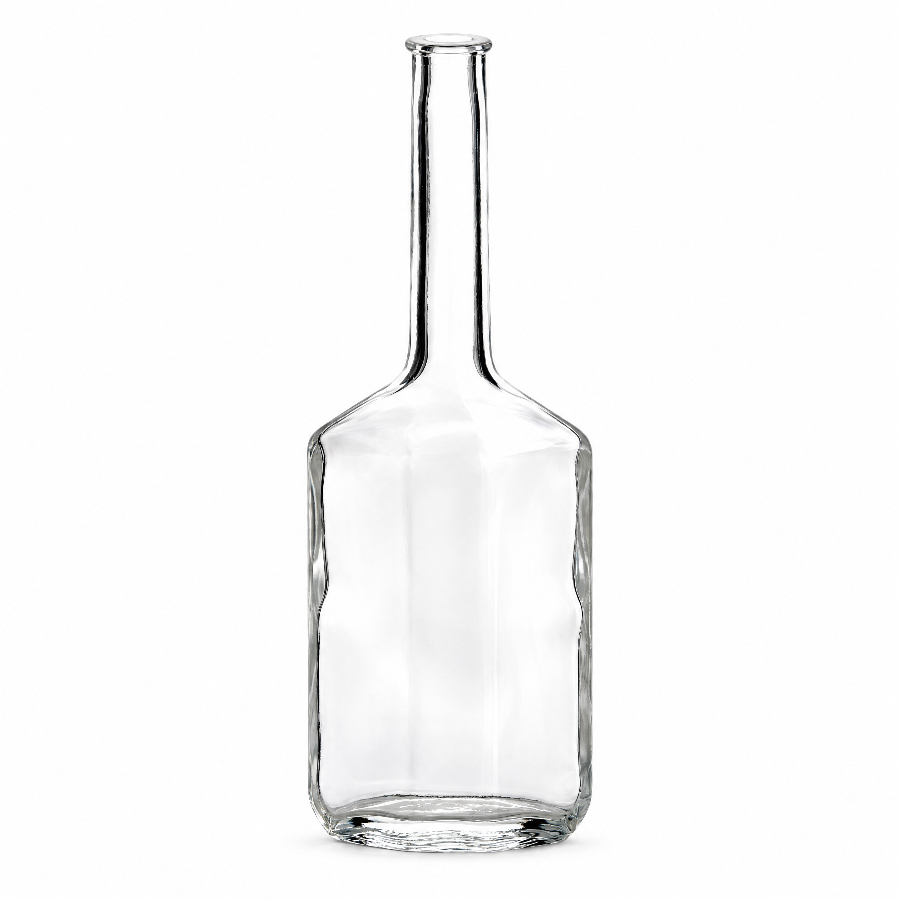 100 ml Amalfi – eine leere offene Flasche ohne Verschluss auf weißem Hintergrund, Glasflasche, Karaffe, transparentes Glas, langer Hals, Glasstopfen